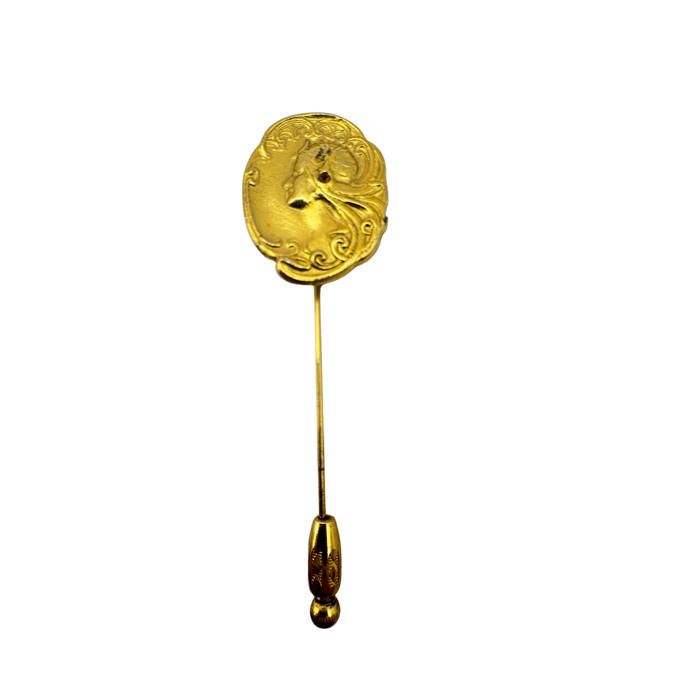 Vintage Art Nouveau Stick Pin Lady Gold Tone Portrait with Stone