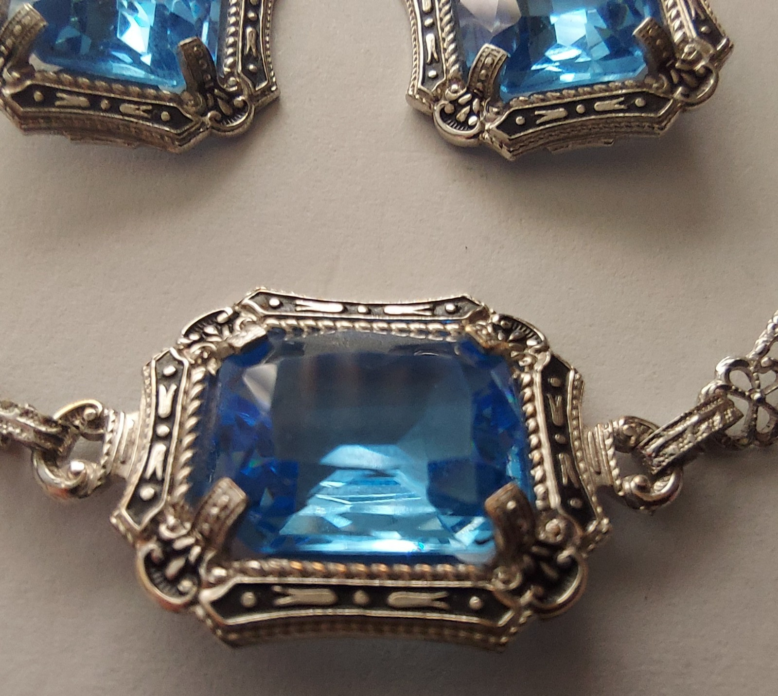 Antique Art Deco Blue Faceted Glass Ornate Filigree Bracelet & Earrings Set
