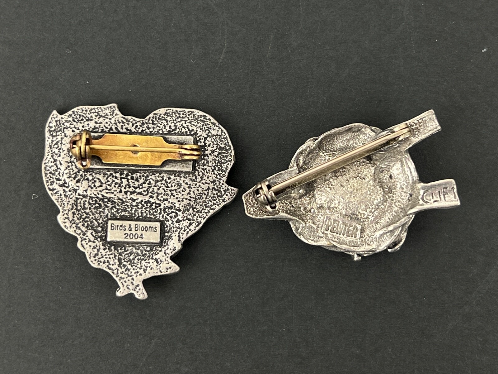Vintage Lot of 2 Pewter BIRDS AND BLOOMS 2004 and CLIFT Birds Nest Pin Brooch