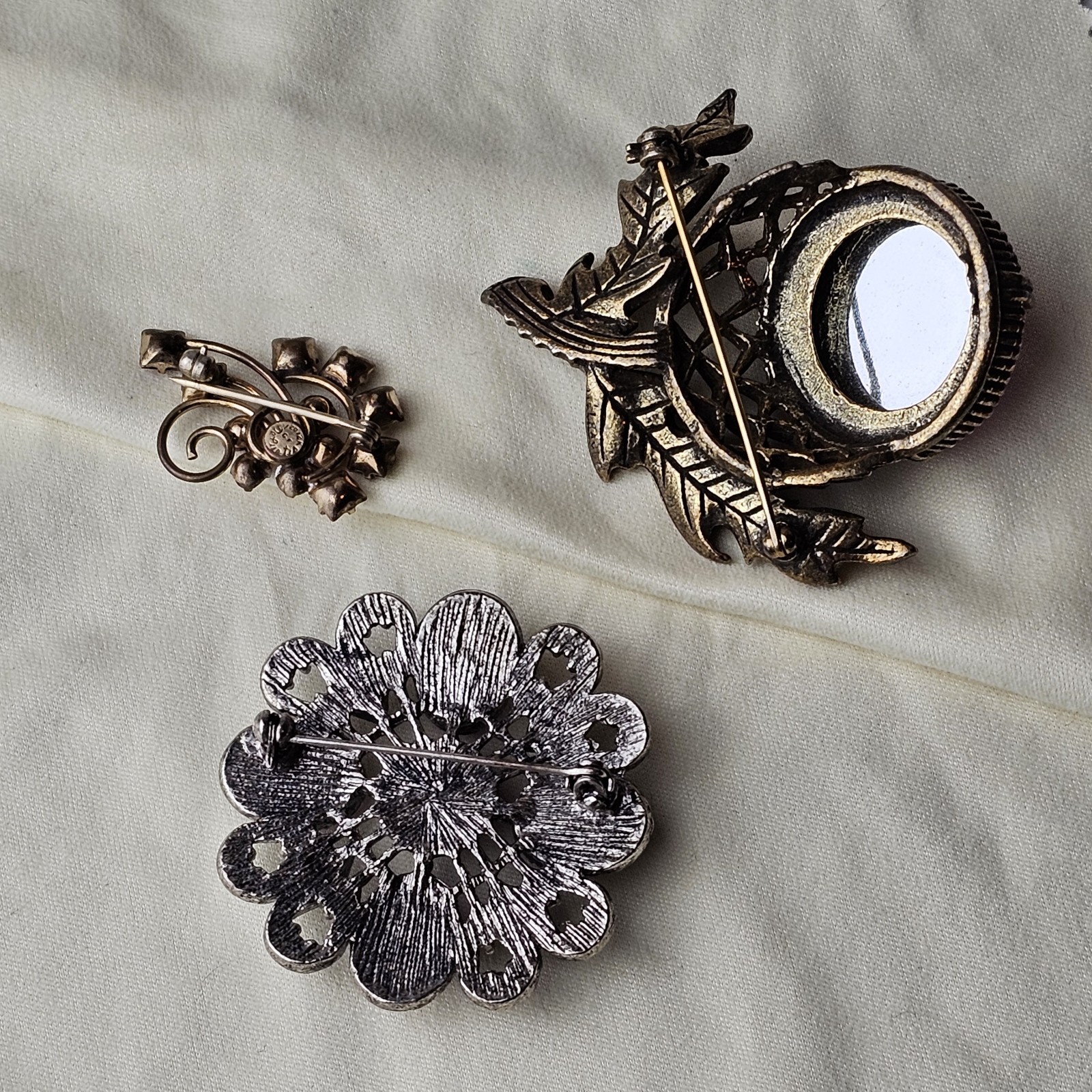 Vintage Gothic Style Filigree Silver Gold Tone Purple Rhinestone Brooch Set of 3