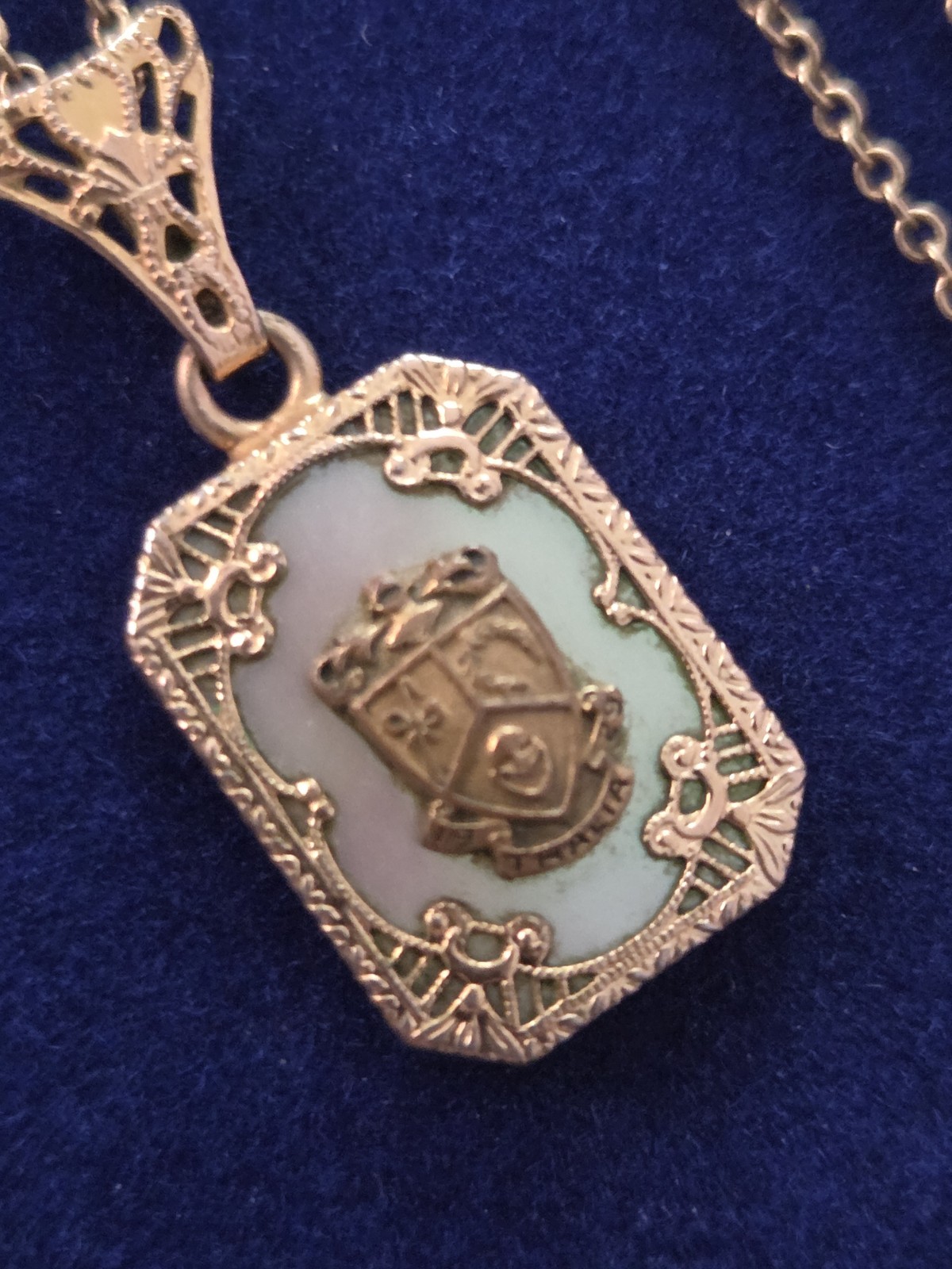 Antique 1929 Fraternity Sorority Pendant MOP Necklace GF 16″ Delicate Chain