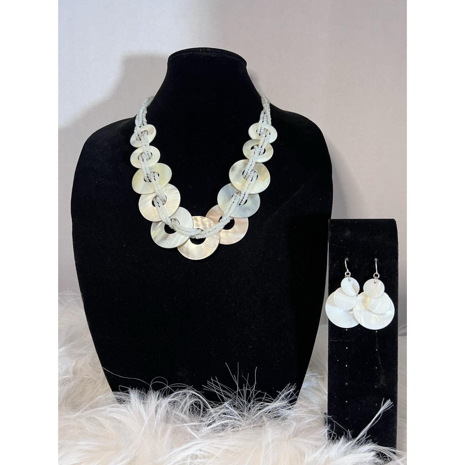 VTG Multi-strand Necklace Mother of pearl shell discs woven Statement necklace