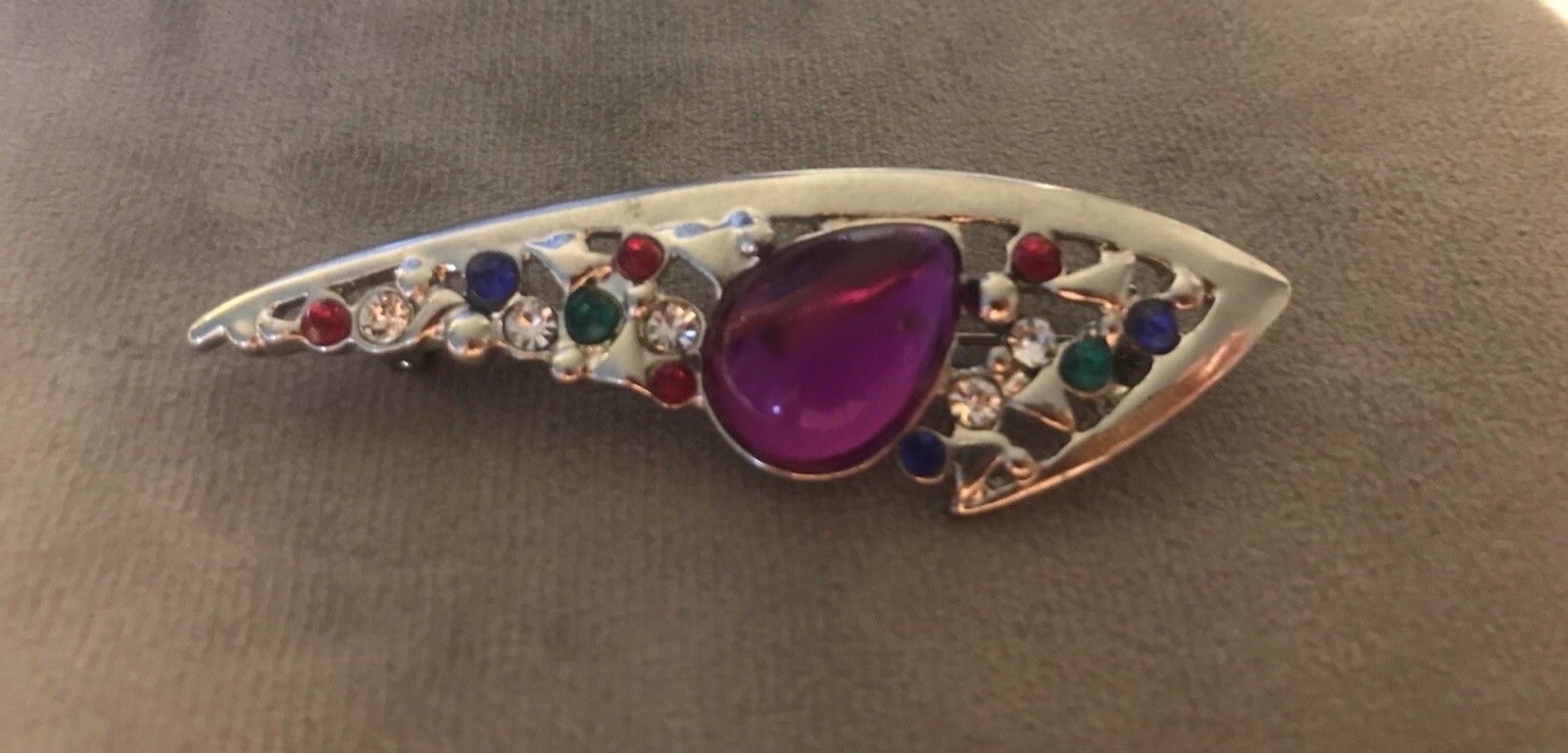 Colorful 80’s Look Brooch Purple Cabochon Central Stone w/White Red Green Blue