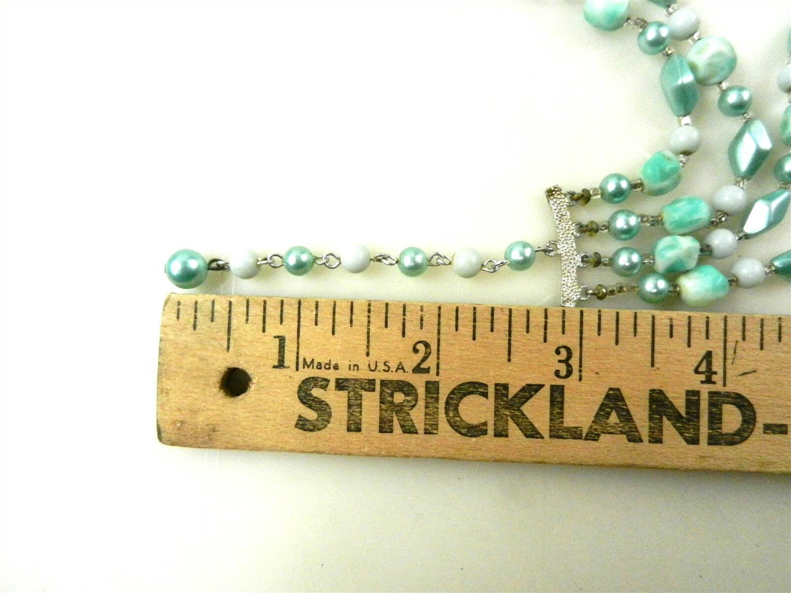 Vtg 4 Strand Necklace w/Earrings Teal Glass Beads Japan 1960’s Clip-on S04B