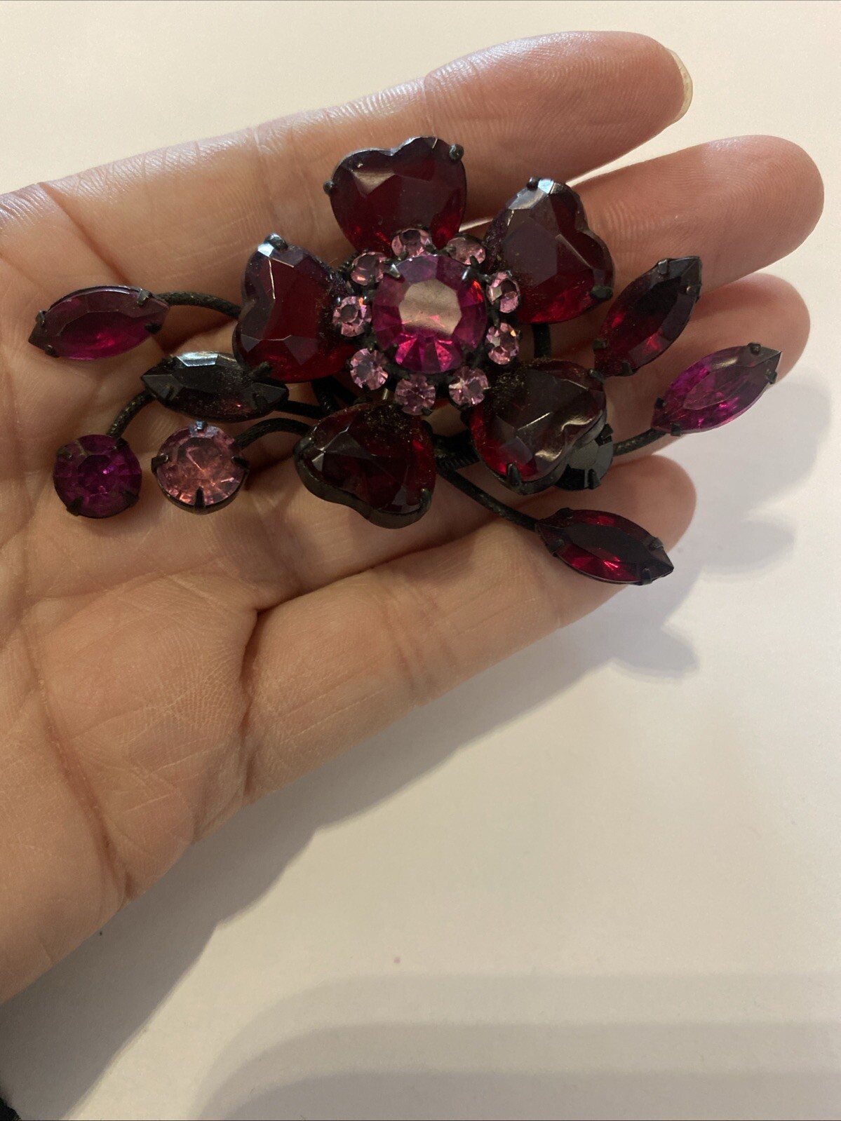 Vintage Unsigned SCHREINER Julian Pink & Fuchsia Flower Red Hearts Pin Brooch