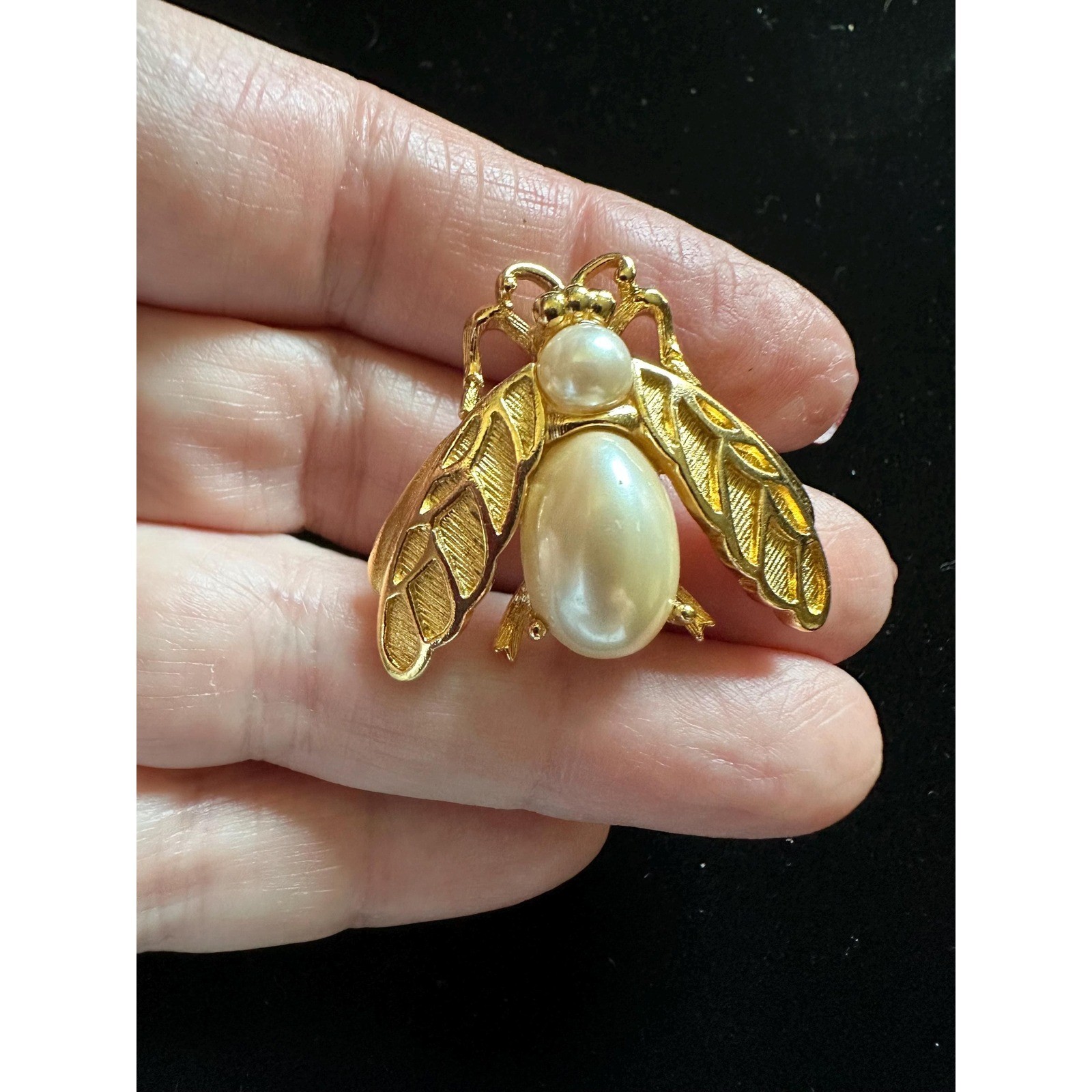 Trifari Bug Fly Bee Pin Gold Tone Pearl