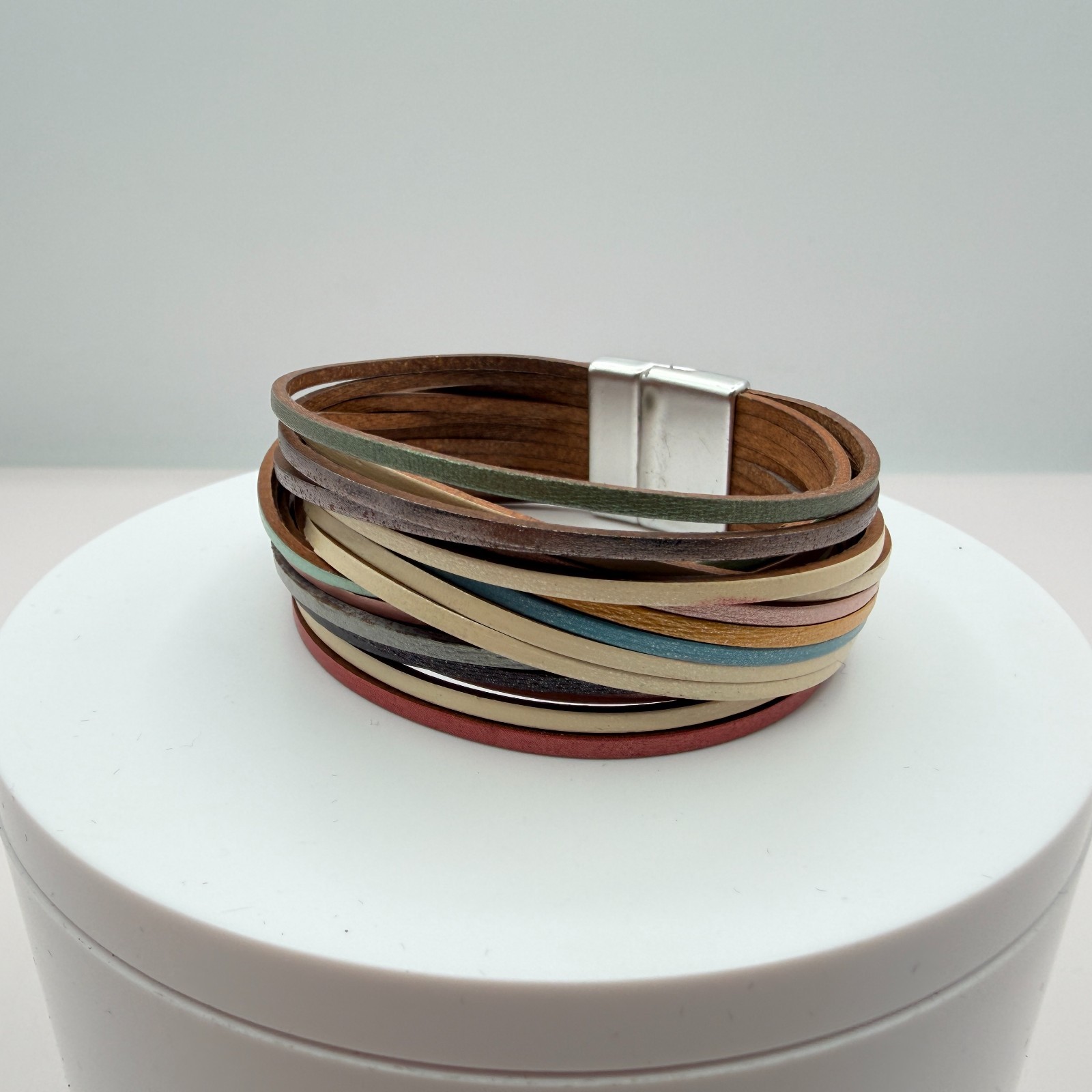 Vintage Multi Strand Leather Wrap Cuff Bracelet Magnetic Clasp Boho Multicolor