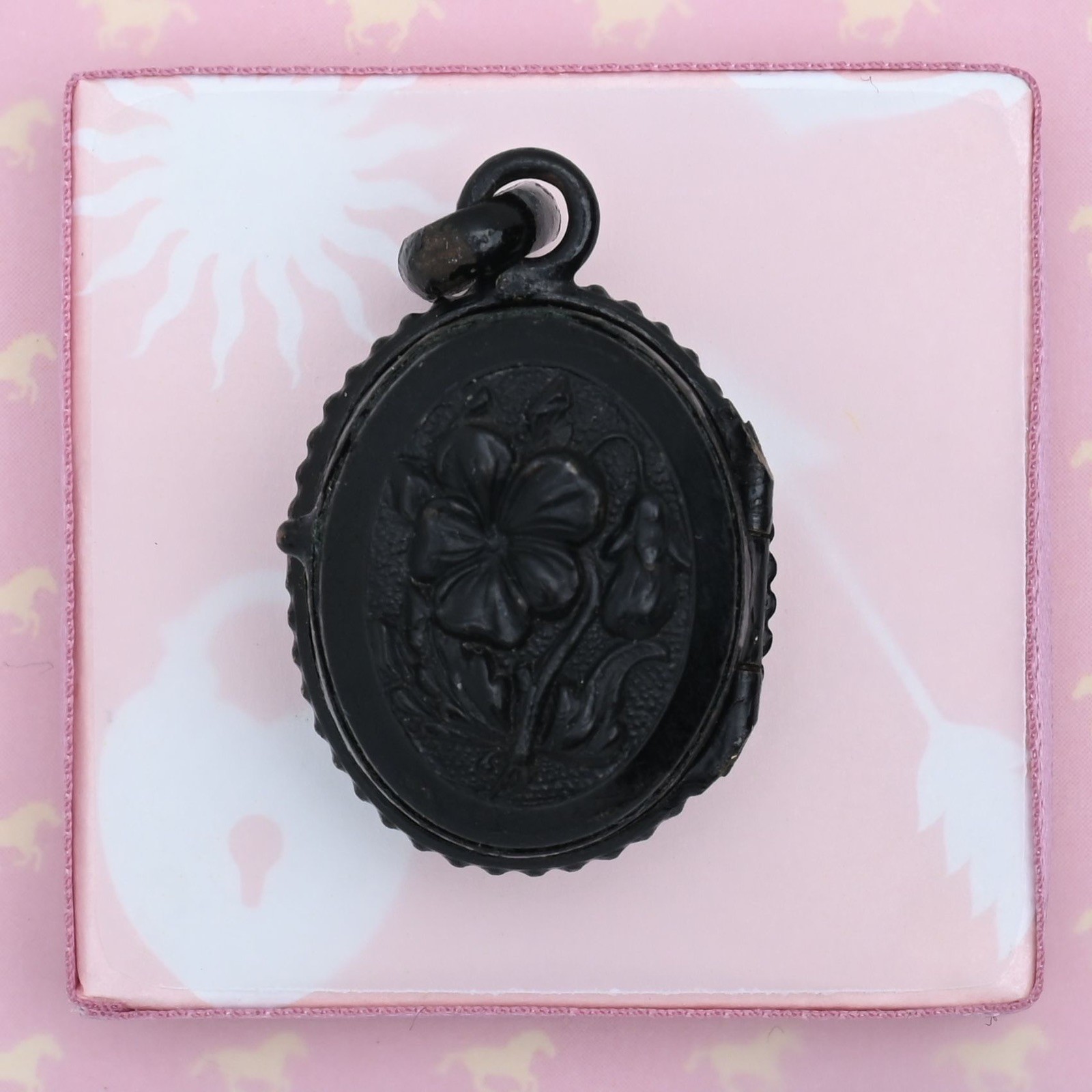 Antique Victorian Mourning Pansy Flower Puffy Double Sided Pendant Locket