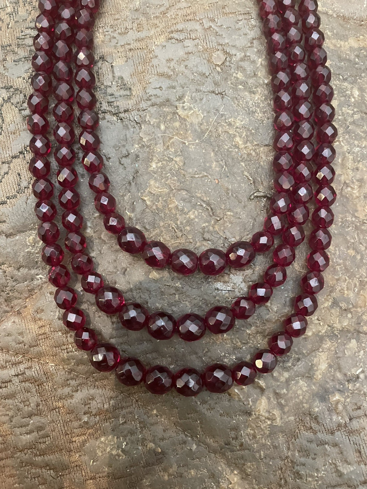 Retro Bordeaux Garnet Czech Fire Polished Faceted Crystal Bead 3-Strand Necklace