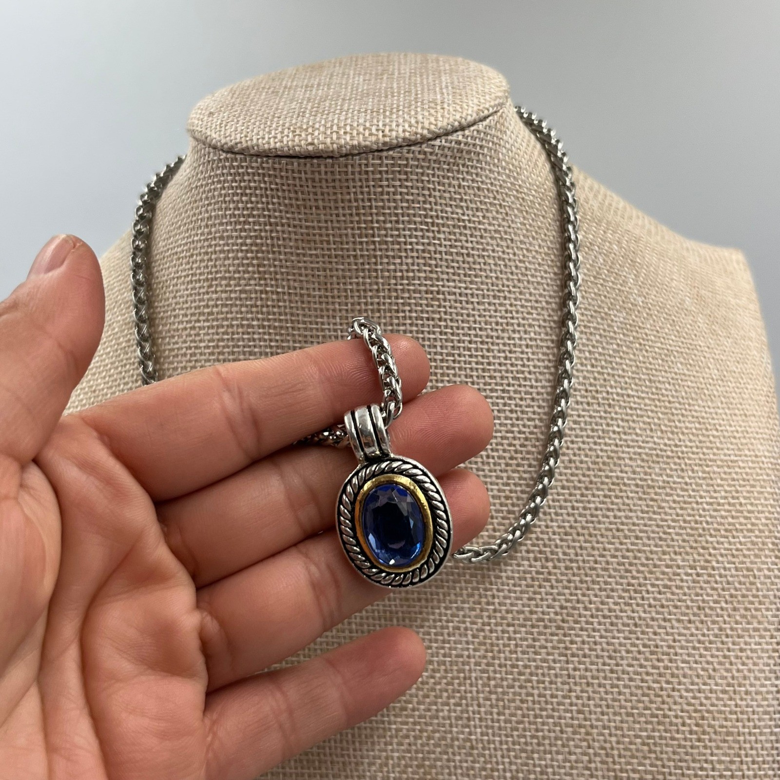 Vintage Silver Tone Wheat Chain Necklace Blue Glass Pendant Two-Tone Rope Accent