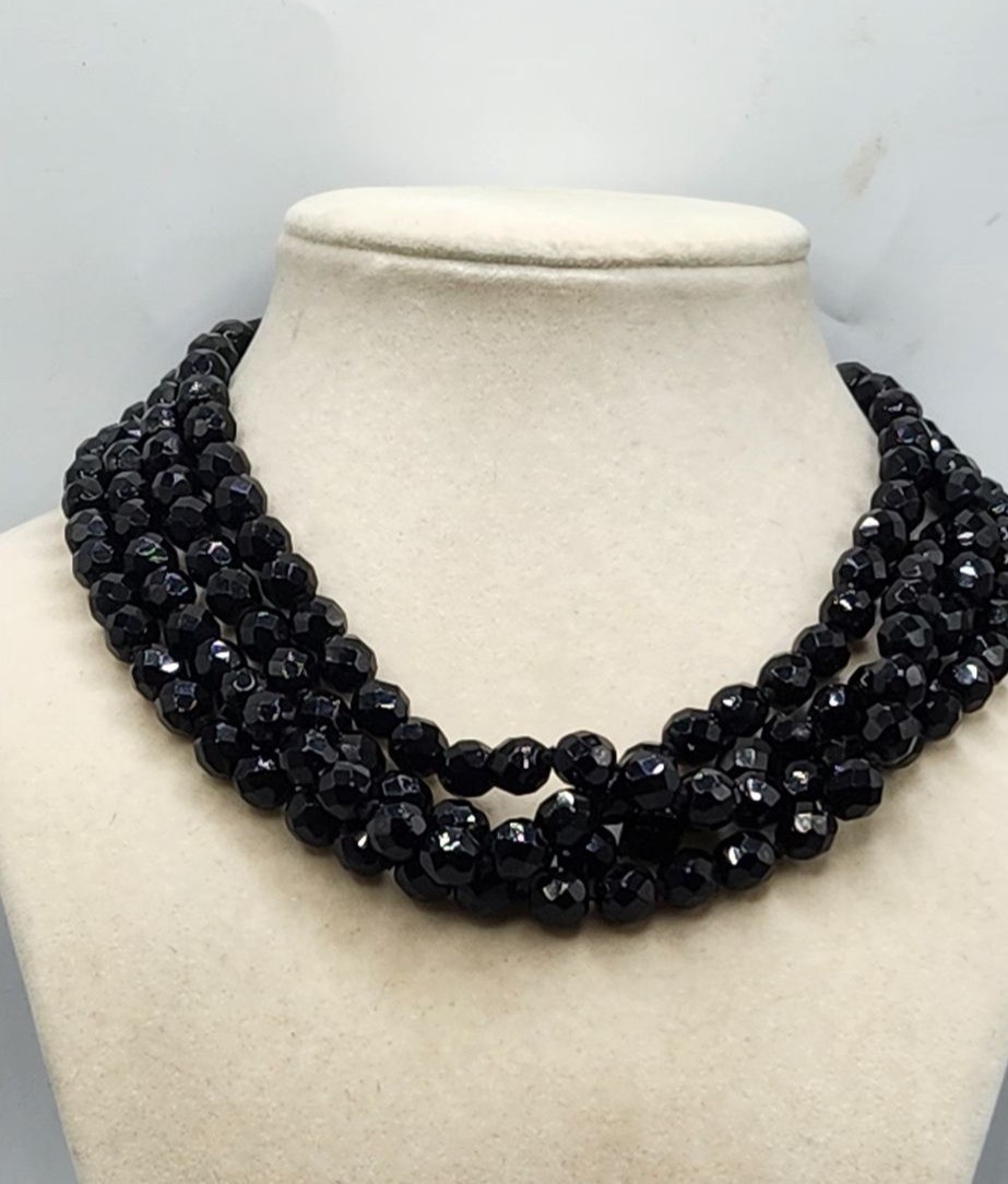 Vintage Multi-Strand Faceted Black Bead Necklace With Silver-Tone Clasp