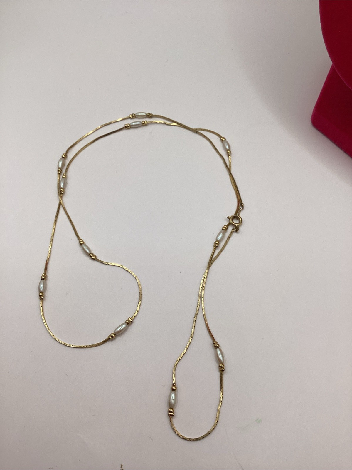 Vintage Gold Tone Bar And Link Station Necklace With White Faux Pearls 30in Long