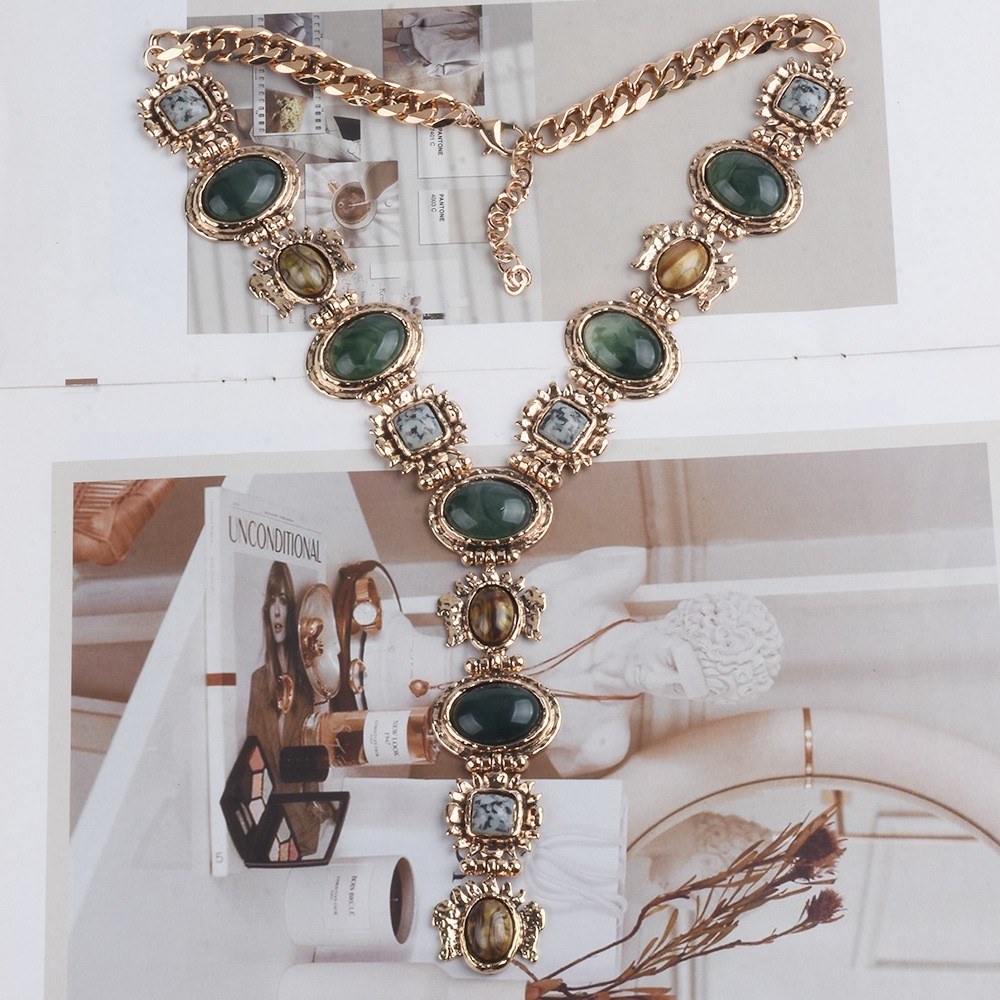 Vintage Glam Green stone Tiger Eye Choker Gold Victorian Statement Necklace gift