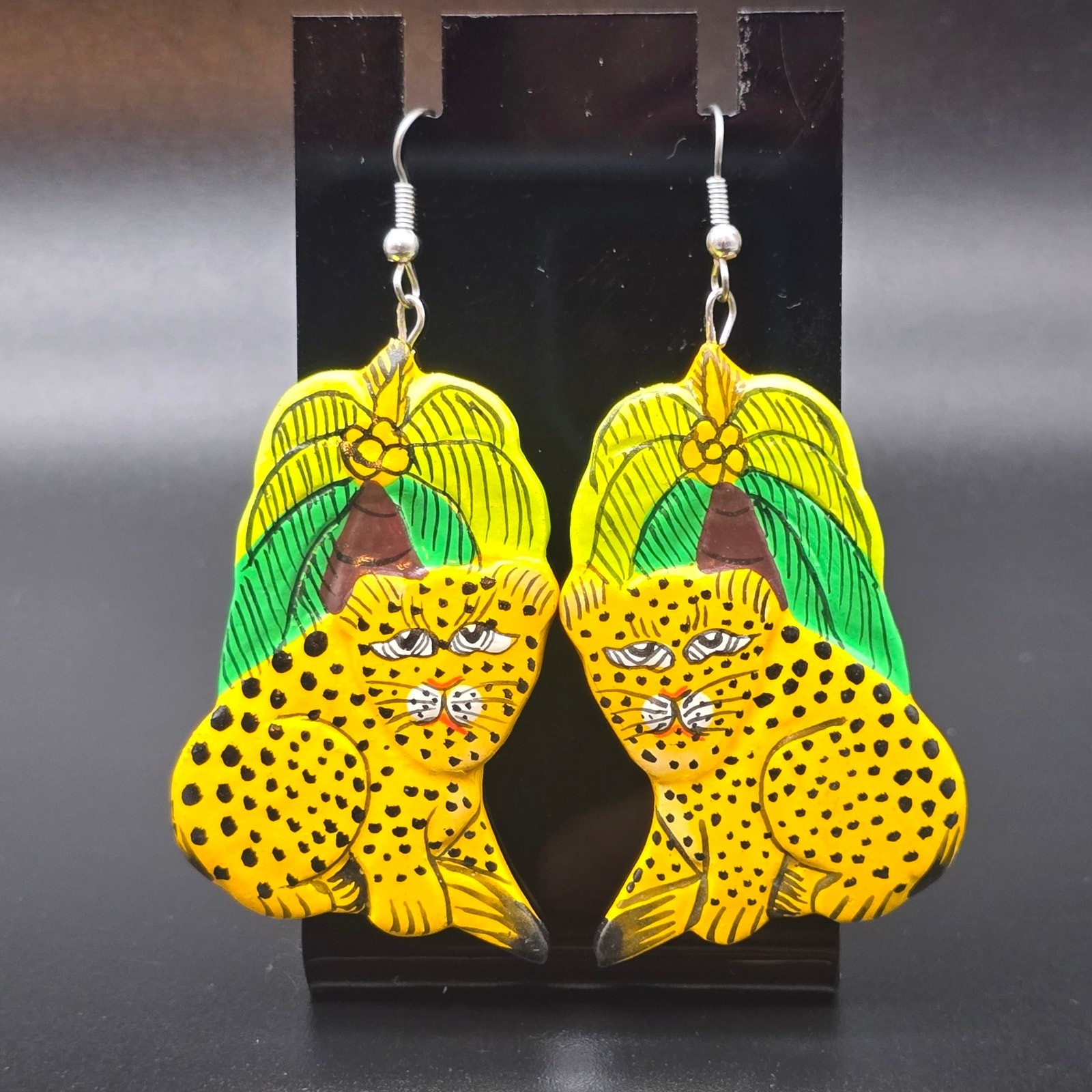 Hand Painted Wood Leopard Cheetah Earrings Safari Vintage 1980s
