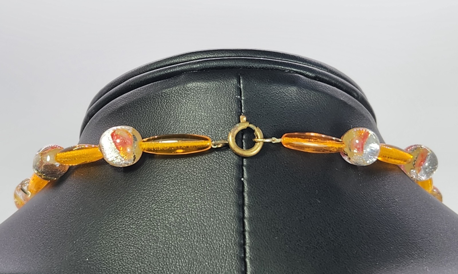 Art Glass Foil Bead Necklace Orange Silver Vtg Czech 23 Inch Oblong & Round