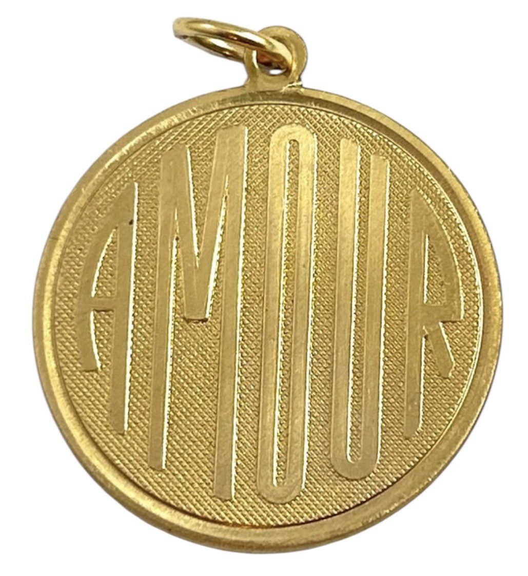 Vintage French Love Charm Amour Medallion Pendant Brass Metal Jewelry Gift
