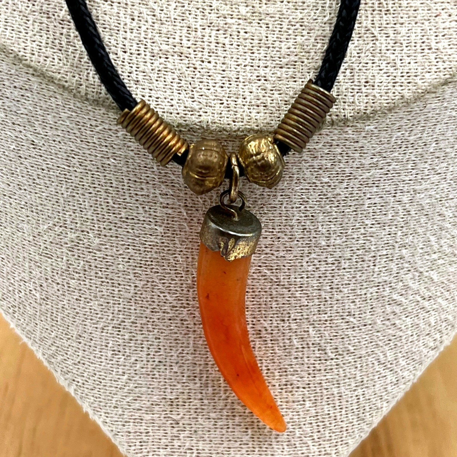 Vintage Black Cord Necklace Faux Horn Orange Tusk Pendant Tribal Statement Charm