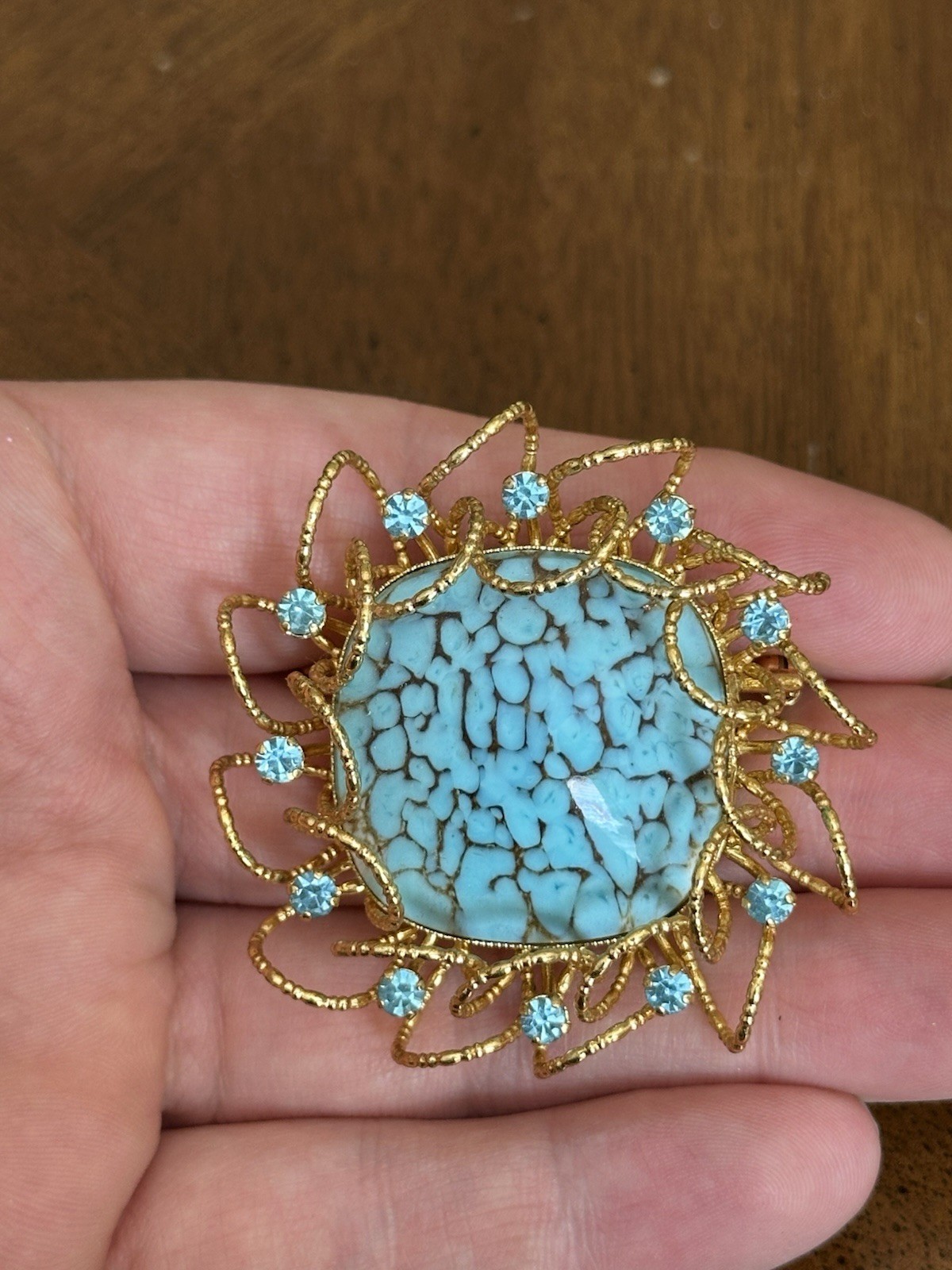Vintage Faux Turquoise Cabochon Rhinestone Brooch/Pendant Gold Tone Nice!