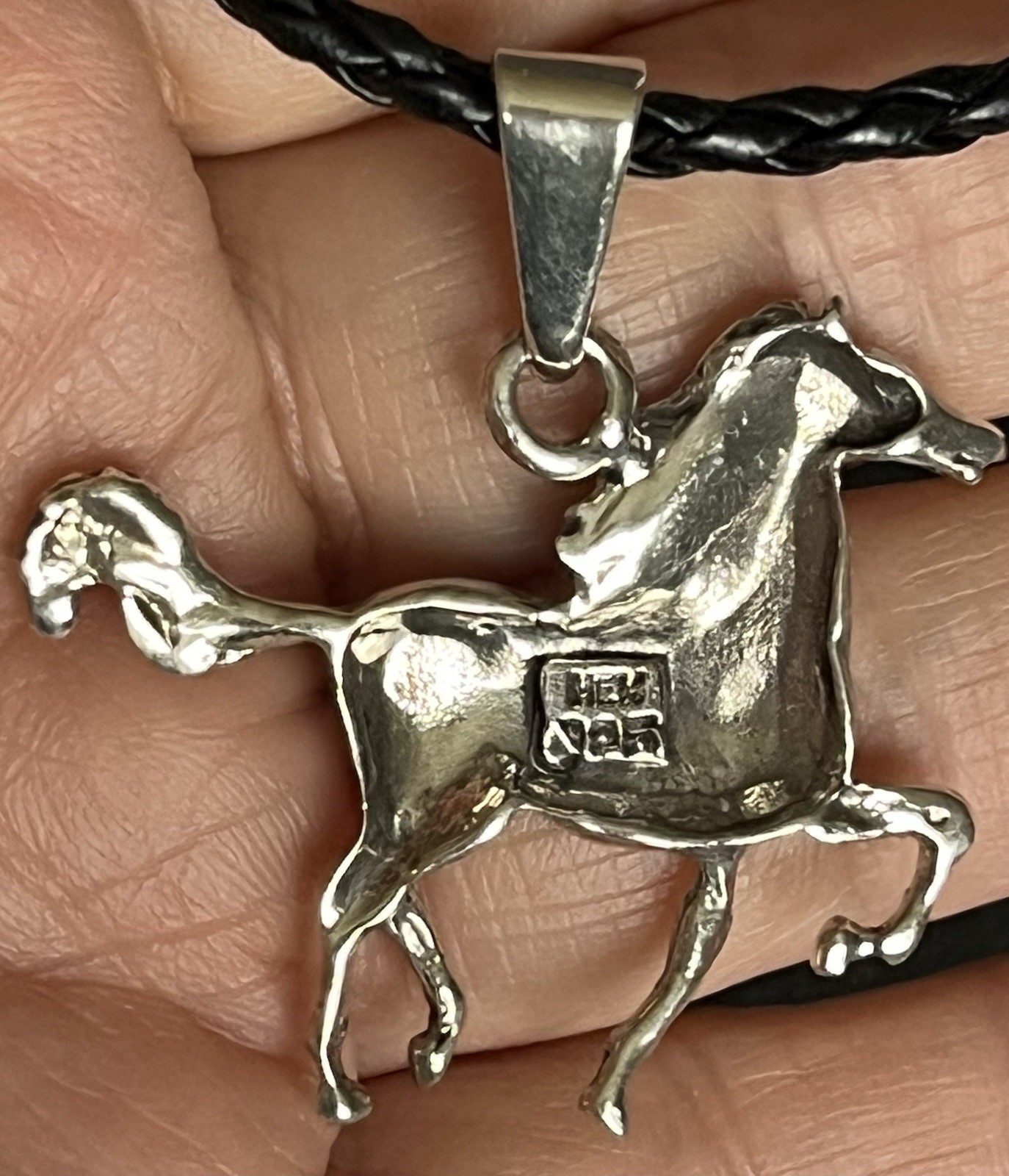 925 Signed Running Horse Pendant On black Leather Cord