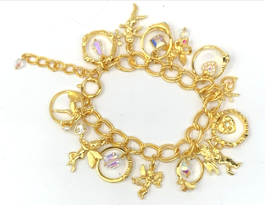 Kirks Folly Gold Tone Charm Bracelet Cupid Hearts Rings Crystals Angel