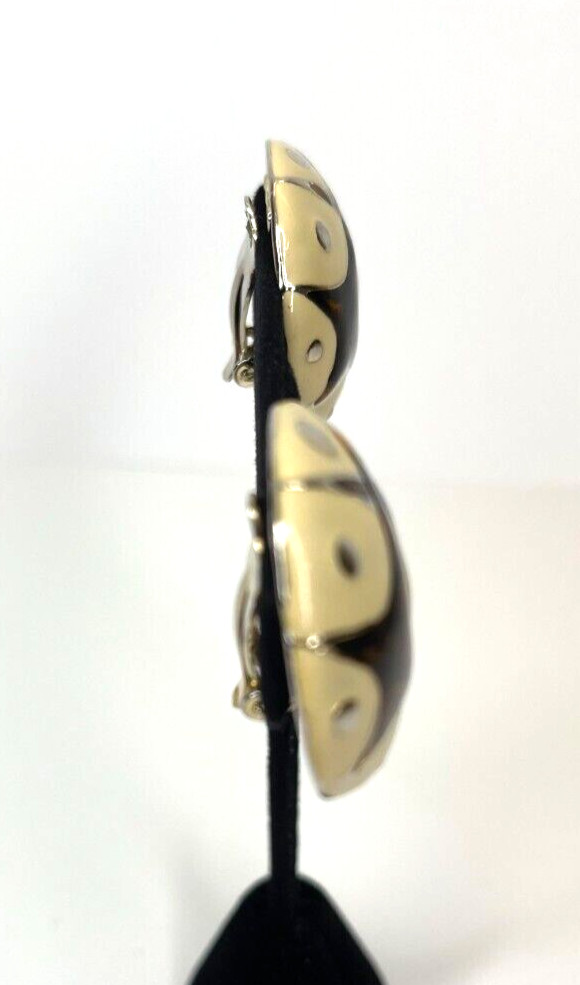 VINTAGE ORENA PARIS EARRINGS Gold Tone & Enamel Stardust Retro Pattern CLIP ONS