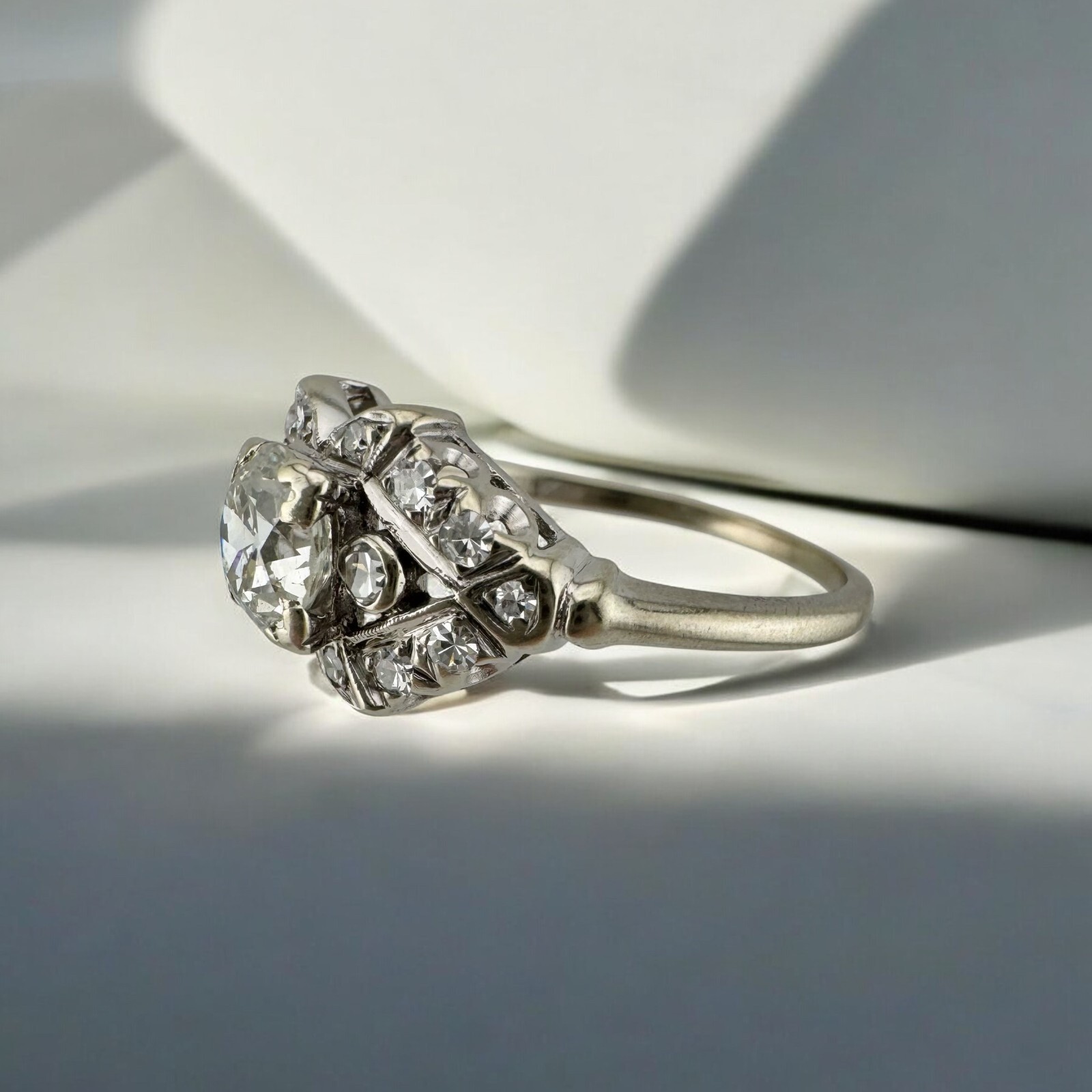 Vintage Art Deco Era 14K White Gold Old European Cut Diamond Ring 0.76ct Center
