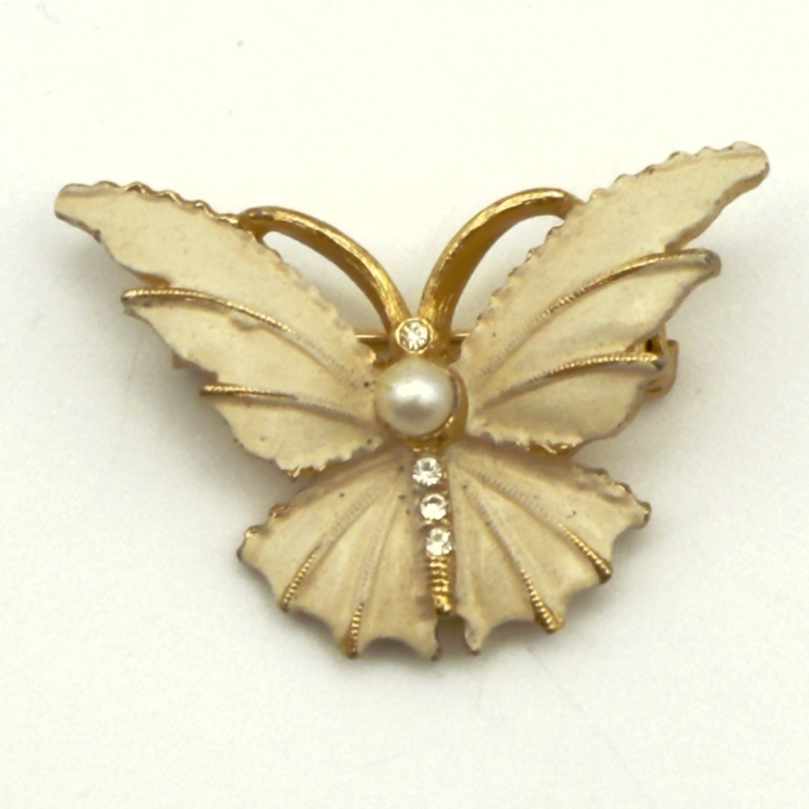 Vintage Butterfly Rhinestone Brooch Cream Enamel Faux Pearl Gold Tone
