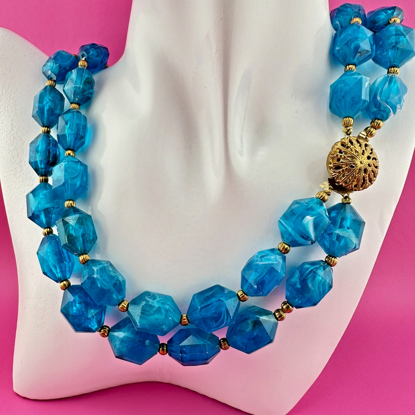 Vintage Necklace Aqua Blue Marbled Acrylic 2 Strand Filigree Clasp Faceted Bead