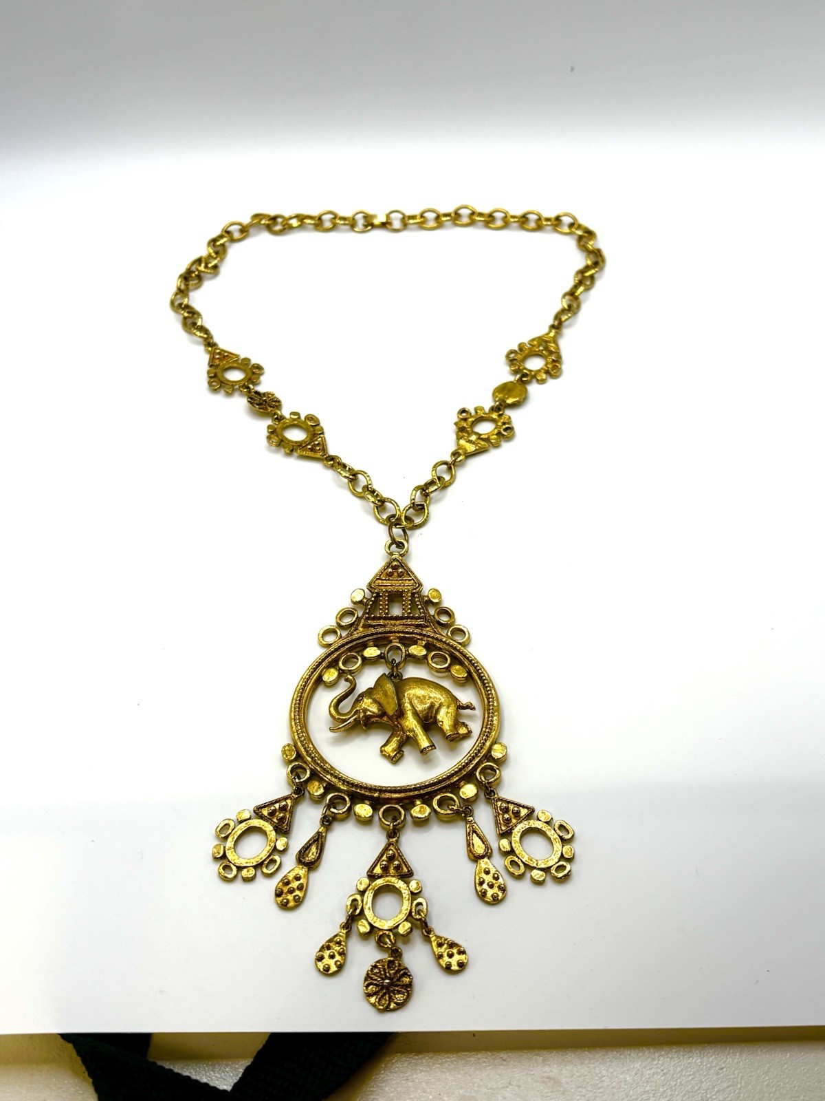 Vintage Statement Gold Tone Textured Fringe ART Exotic Pagoda Necklace Pendant
