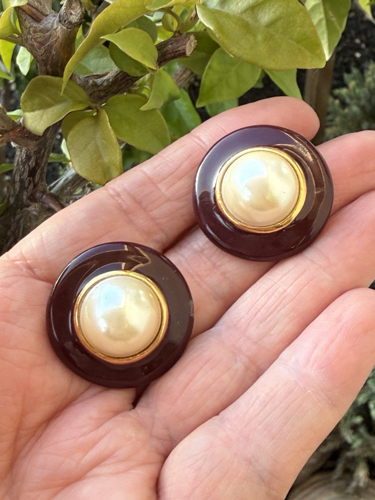 Vintage Gay Boyer Gold Tone Burgundy Enameled Pearl Pierced Earrings