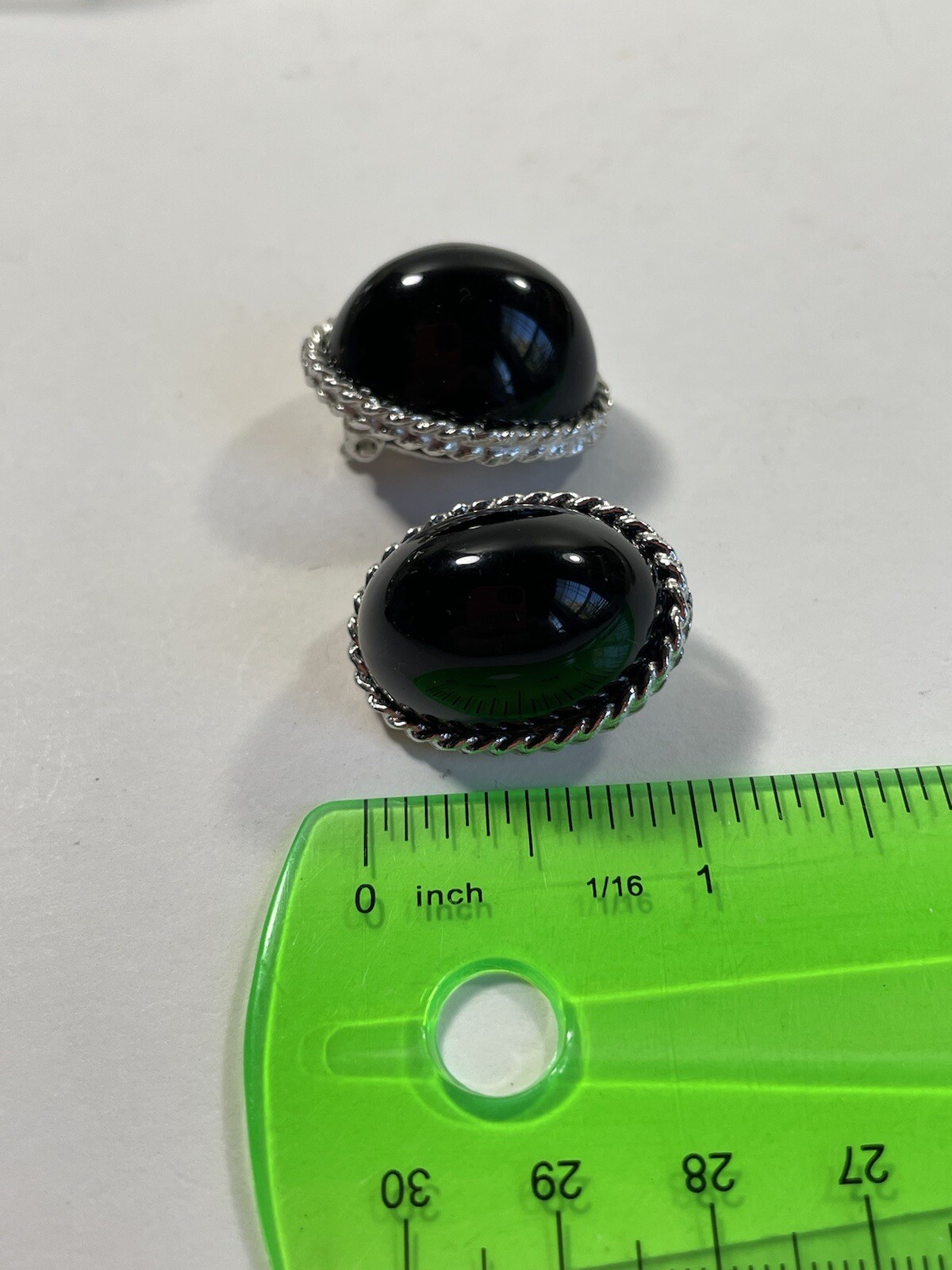 Vintage 80s Signed Les Bernard Clip on Earrings Black with Silver Tone edges