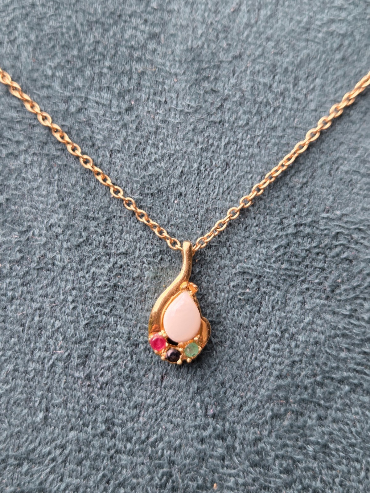 Vintage Faux Opal Ruby Sapphire Emerald Glass Pendant Necklace Chain Art Deco