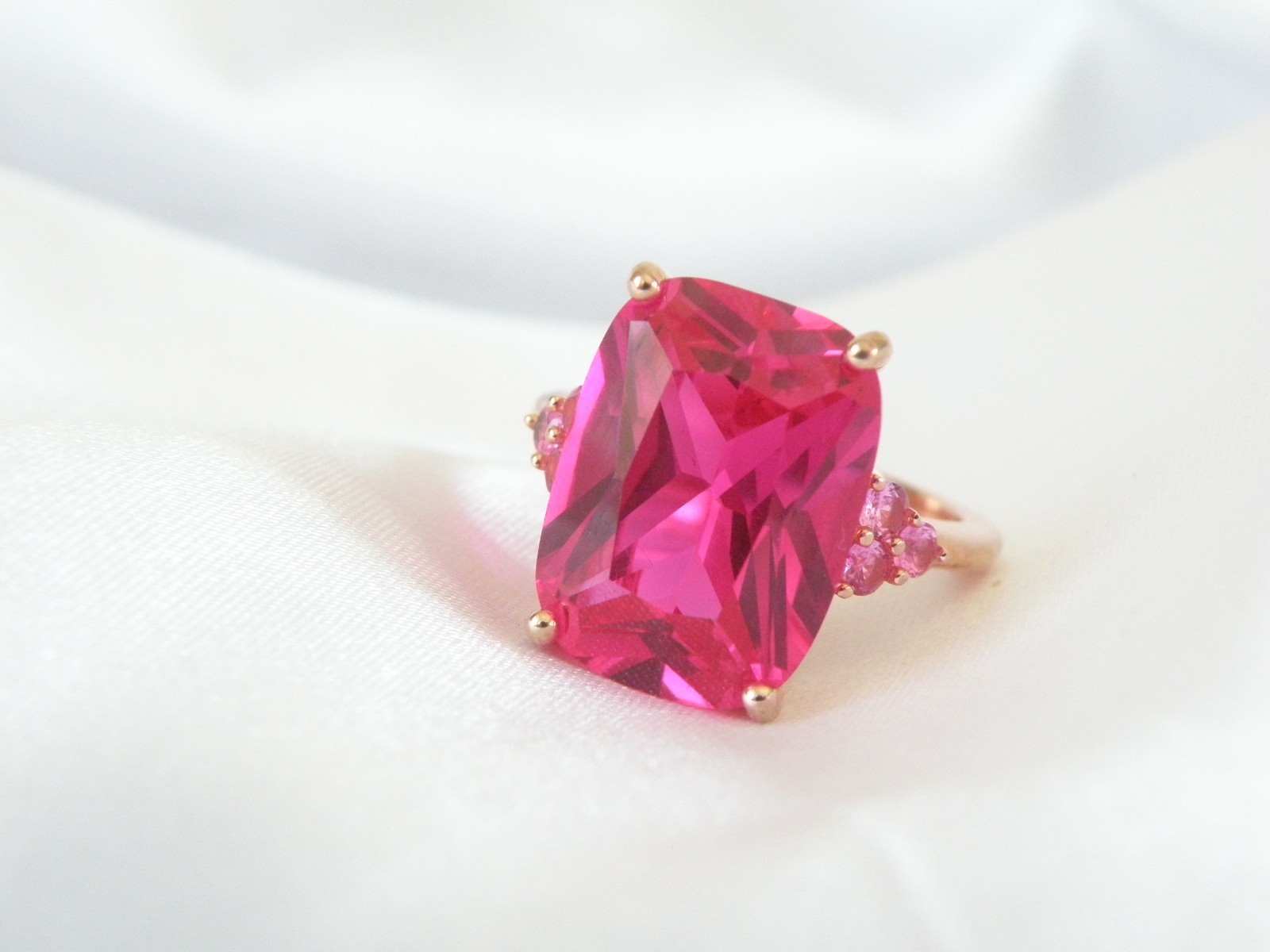 Sterling Silver 925 Rose Gold Large Lab Created Pink Sapphire Ruby Ring Size 10