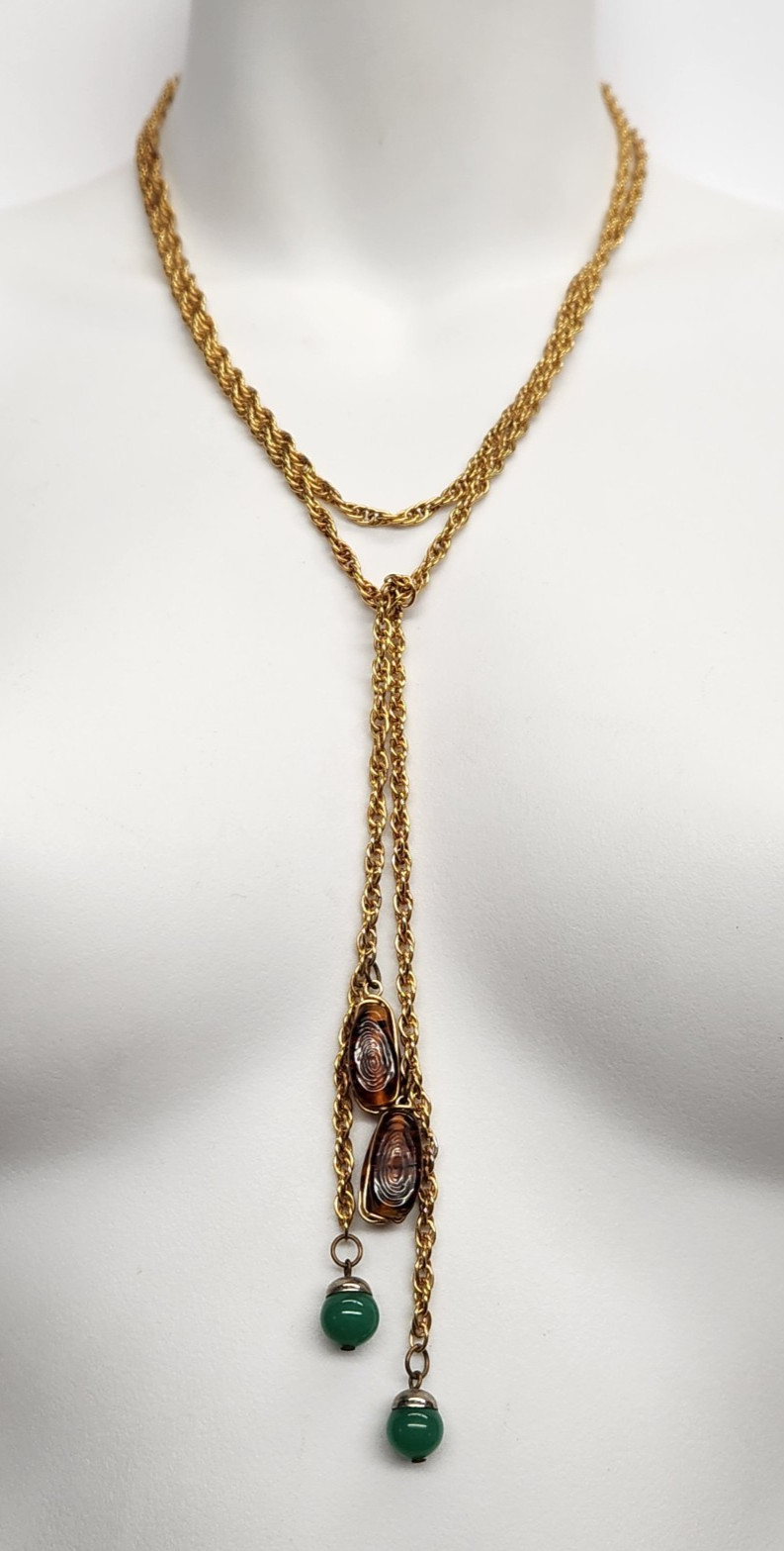 VTG Long Gold Tone Faux Agate & Chrysophase Beads Convertable Lariat Necklace