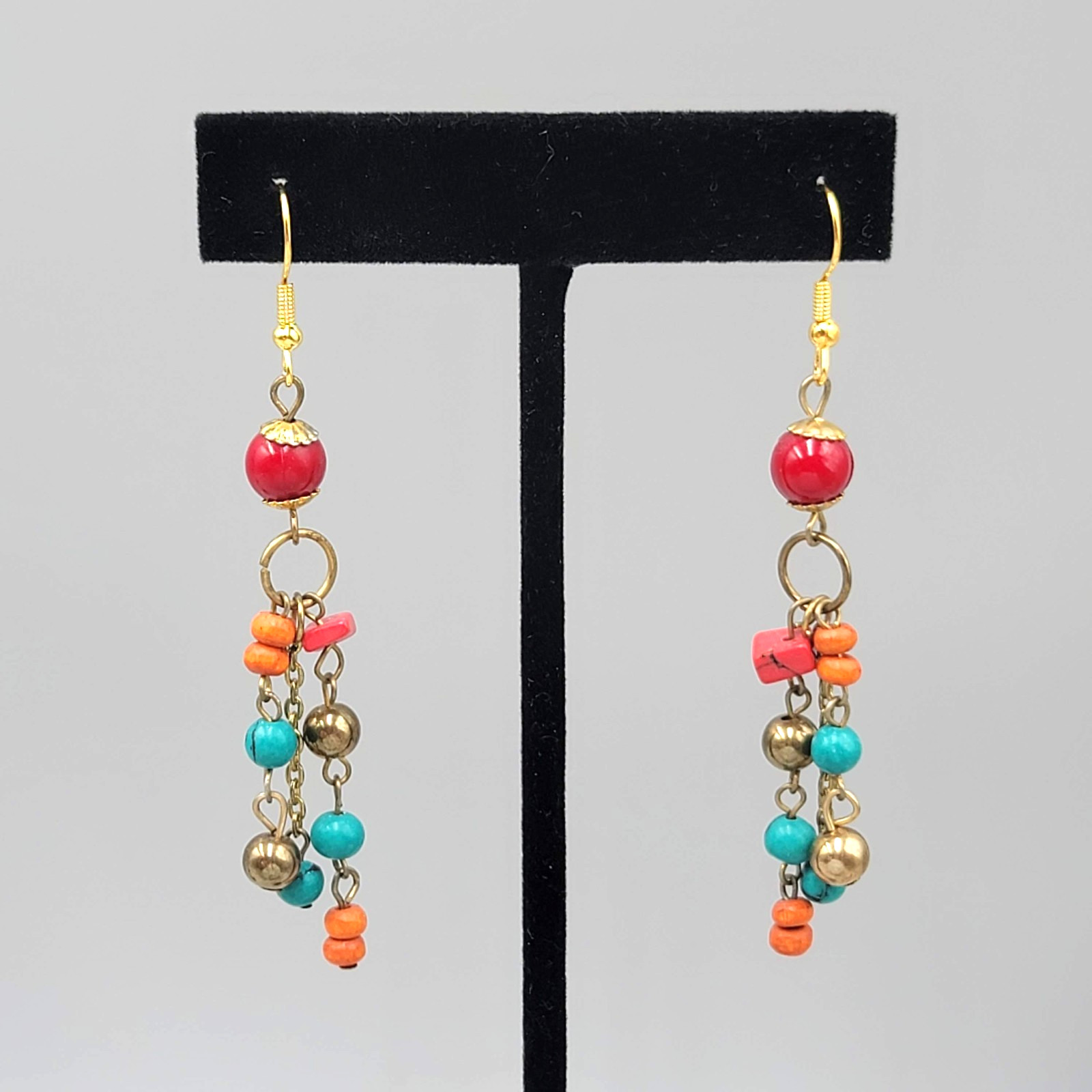 Vintage Multicolor Beaded Pierced Earrings Gold tone Dangle 2.25″