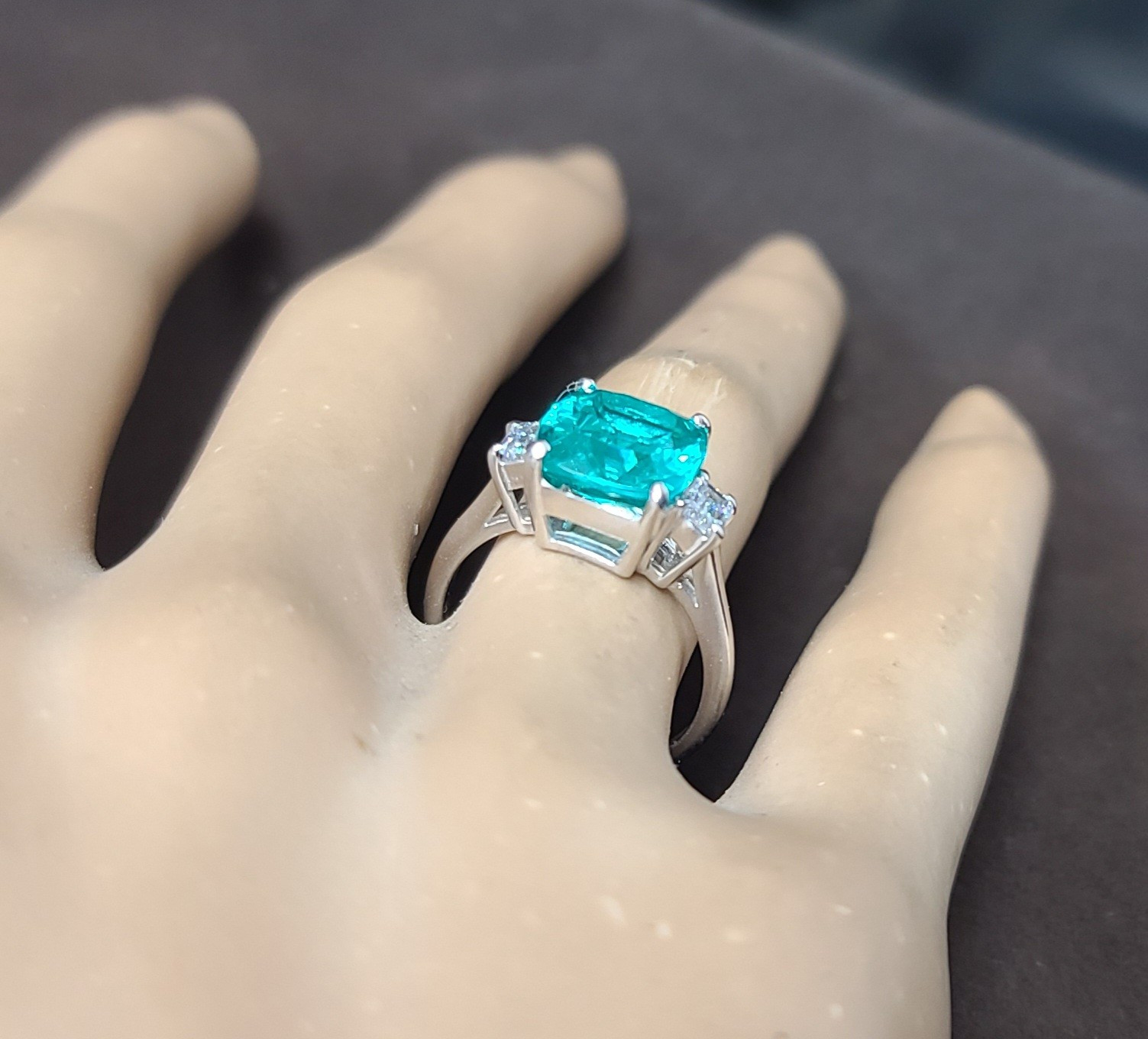 14k White Gold Engagement Ring 4.75CT. Lab-grown Paraiba Tourmaline Cushion Cut