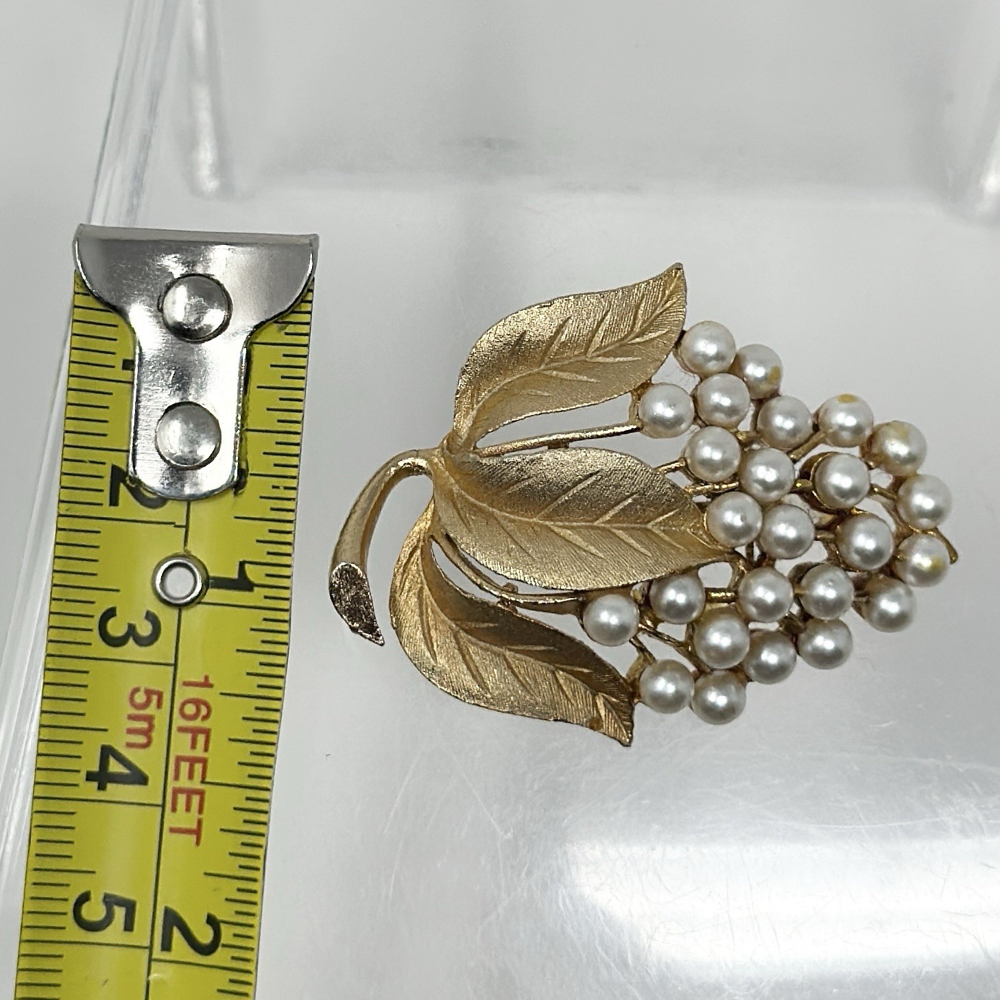 Vintage Gold Tone Bunch Of Grapes Brooch Faux Pearl Cluster Textured Elegant Pin