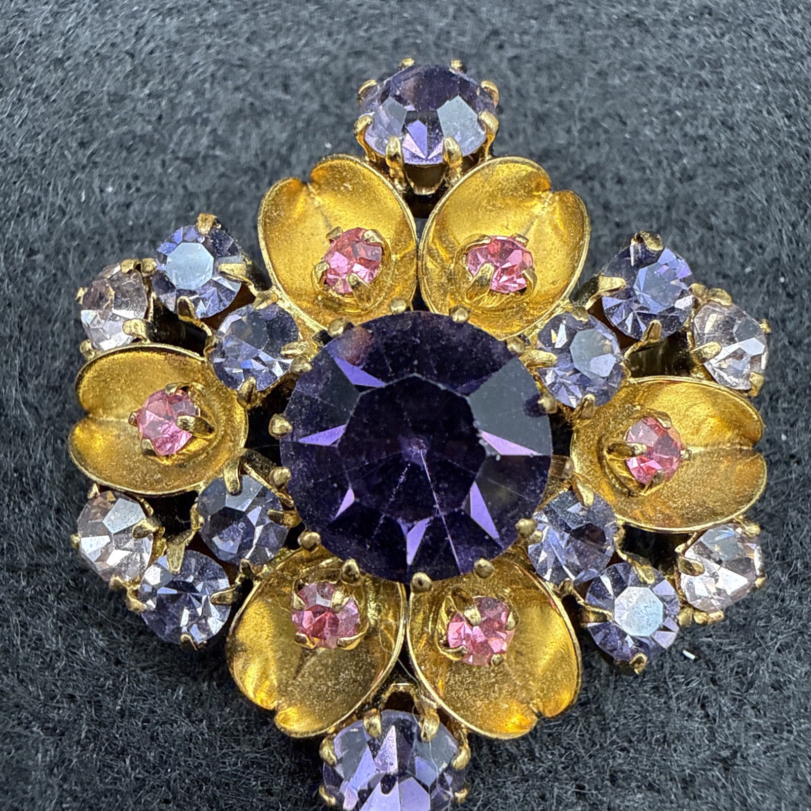 VINTAGE AUSTRIA SIGNED PURPLE AND BLUE RHINESTONE BROOCH