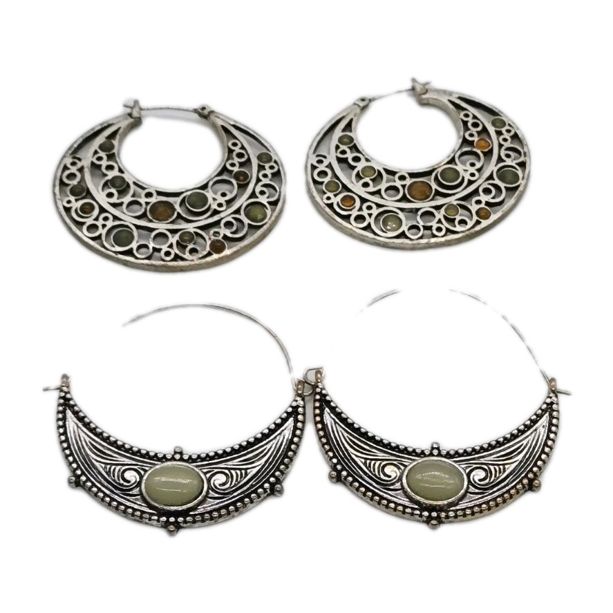 Crescent Hoop Earrings Lot 2 Pair Silver tone Pierced Bohemian Cellular 1.5 in