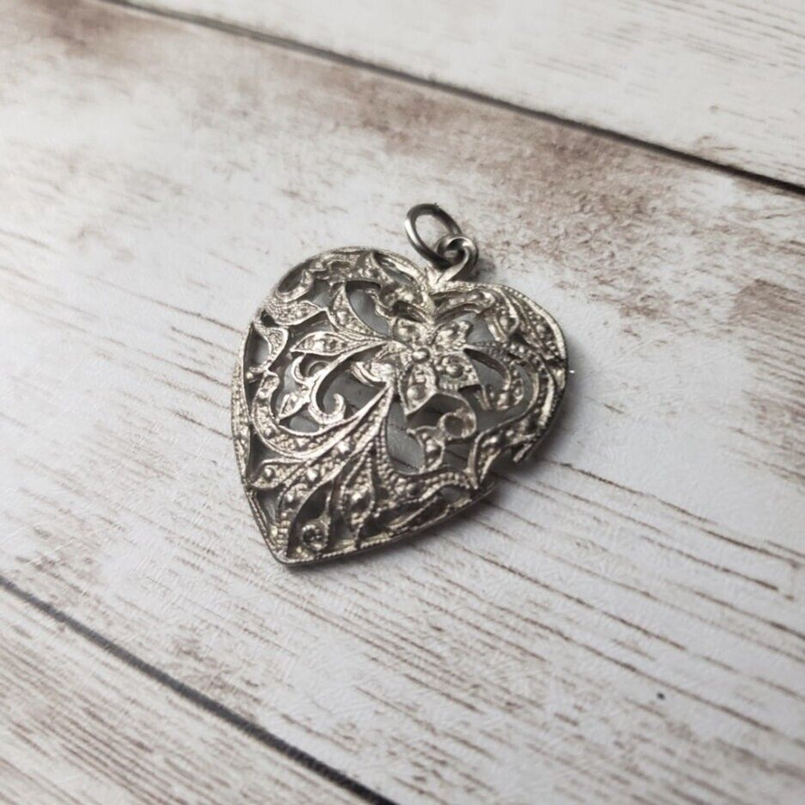 Vintage Pendant Ornate Dark Silver Tone Heart (No Chain Included)