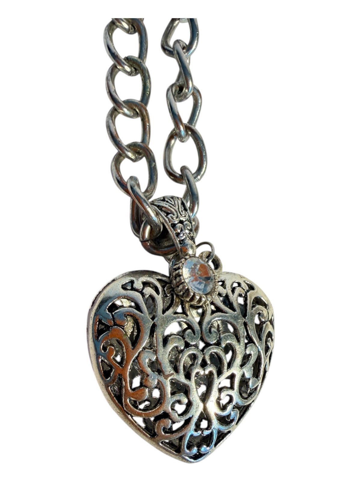 Vintage Antique Silver Tone Filigree Openwork Puff Heart Rhinestone Necklace