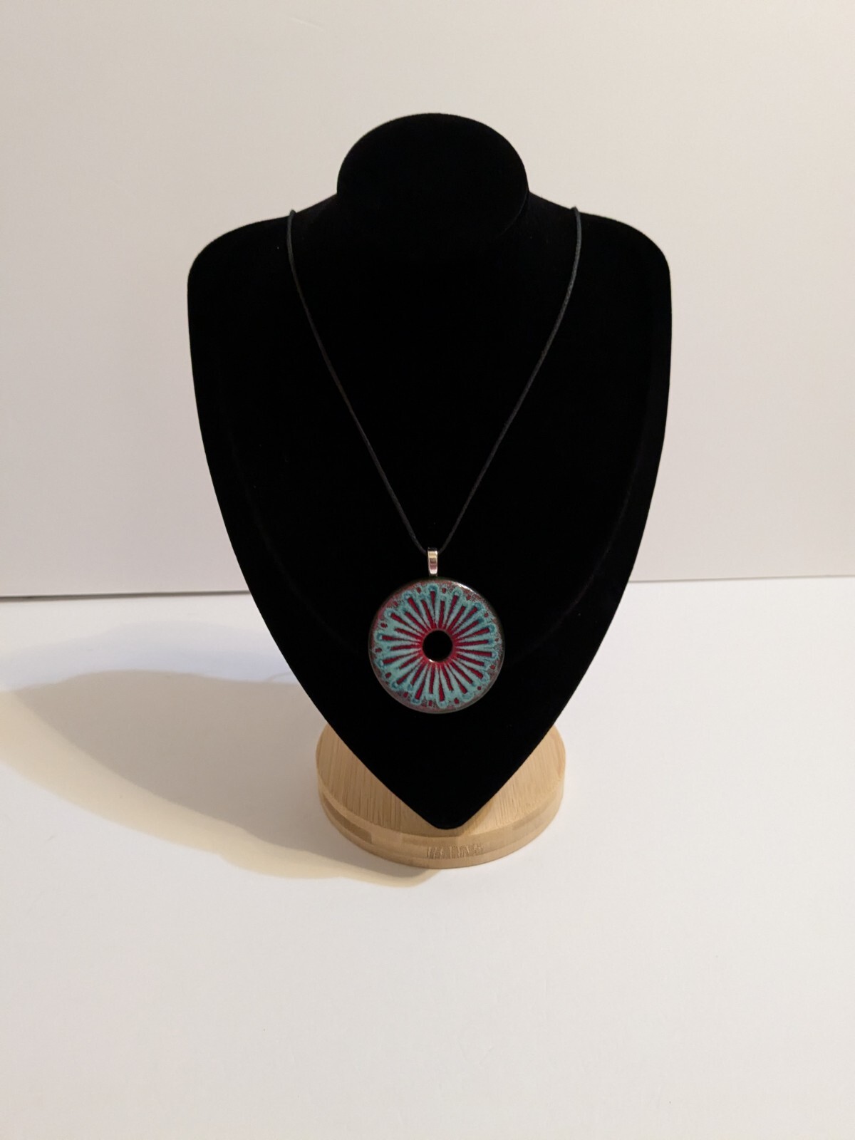 Round Multicolor Resin Pendant And Black Cord Necklace. FLAWED Cord.
