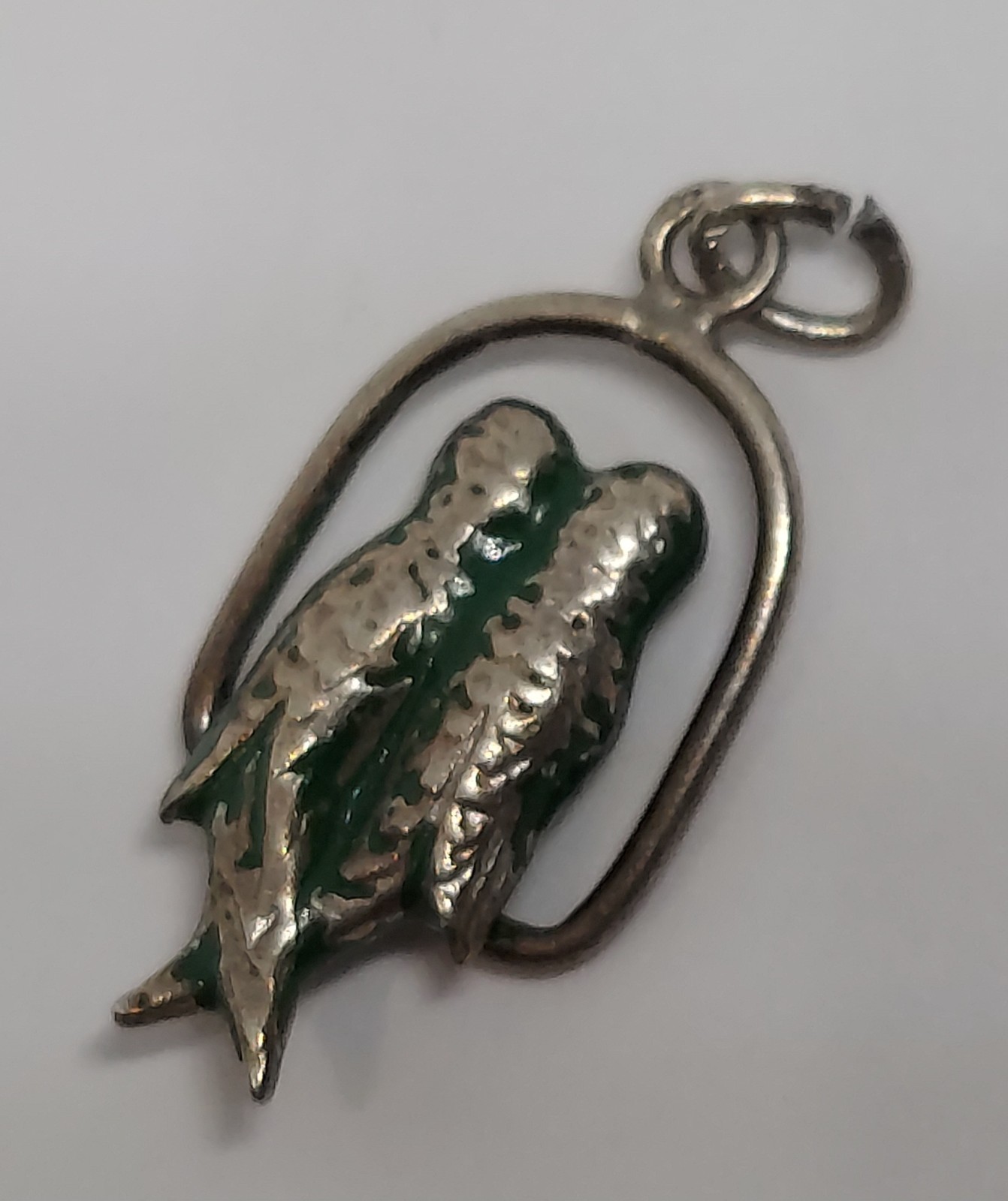 vintage CHARM Sterling Silver 3D enamel green Lovebirds bird parrot
