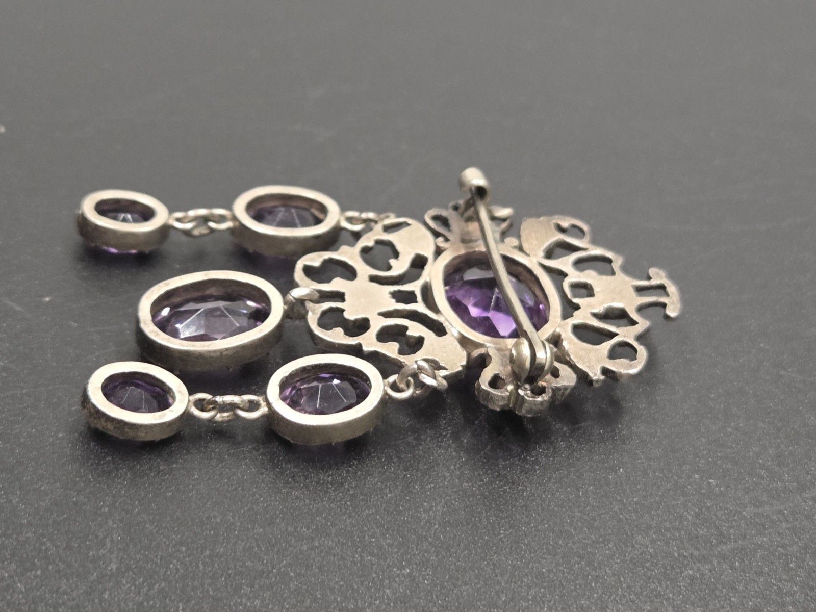 Antique Victorian Sterling Silver Purple Amethyst Dangle Brooch Festoon Pin OOAK