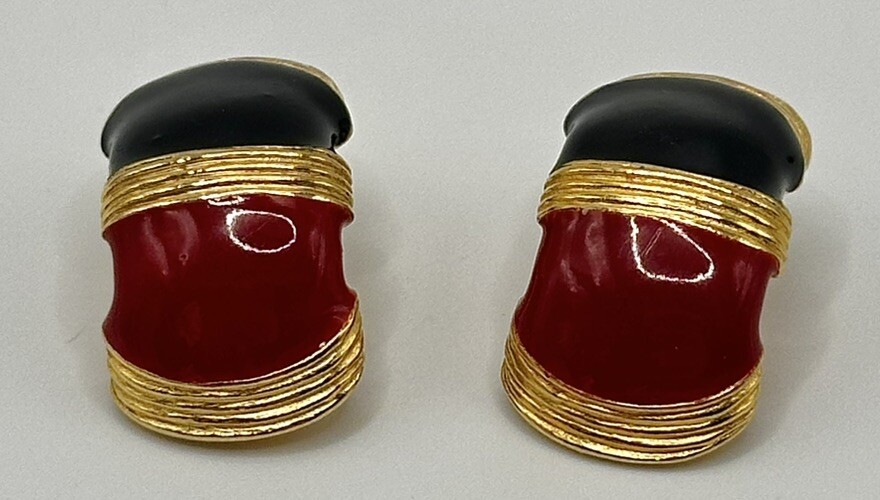 Vtg Gay Boyer Earrings Enamel Blue Red Gold Half Hoop Clip 1980s 1” Statement
