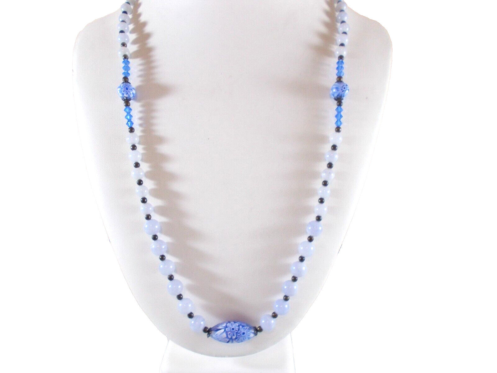 Graduated Blue Glass Bead Necklace with Millefiori Bead Accents Fish Hook Clasp