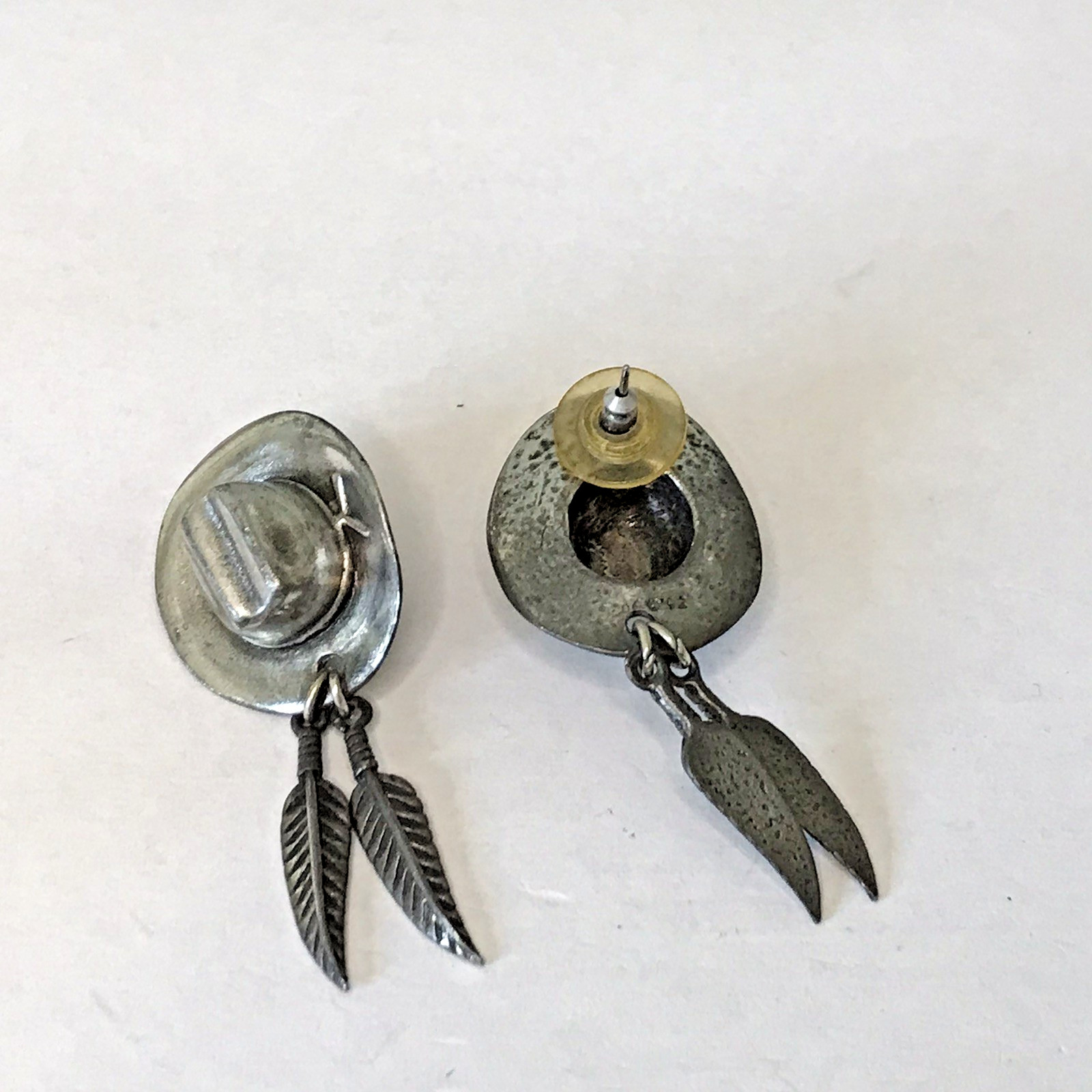 Vintage South Western 1992 Cowboy Hat with Feather Pewter Stud Earrings