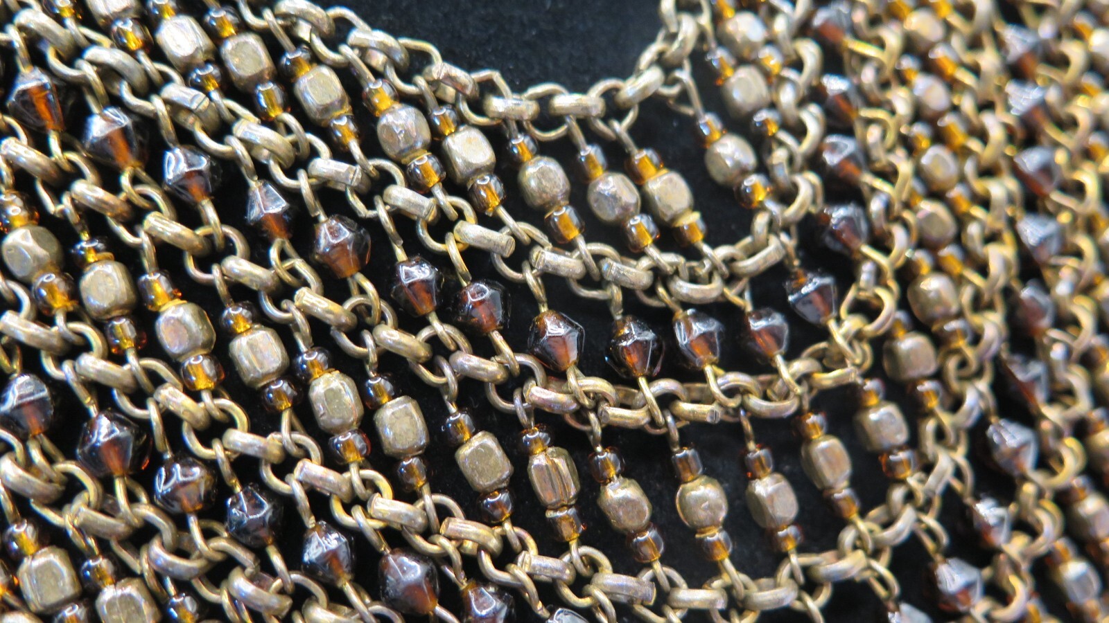 Vintage Collar Beaded Necklace- Brown Beads and Bronze Tone Chain
