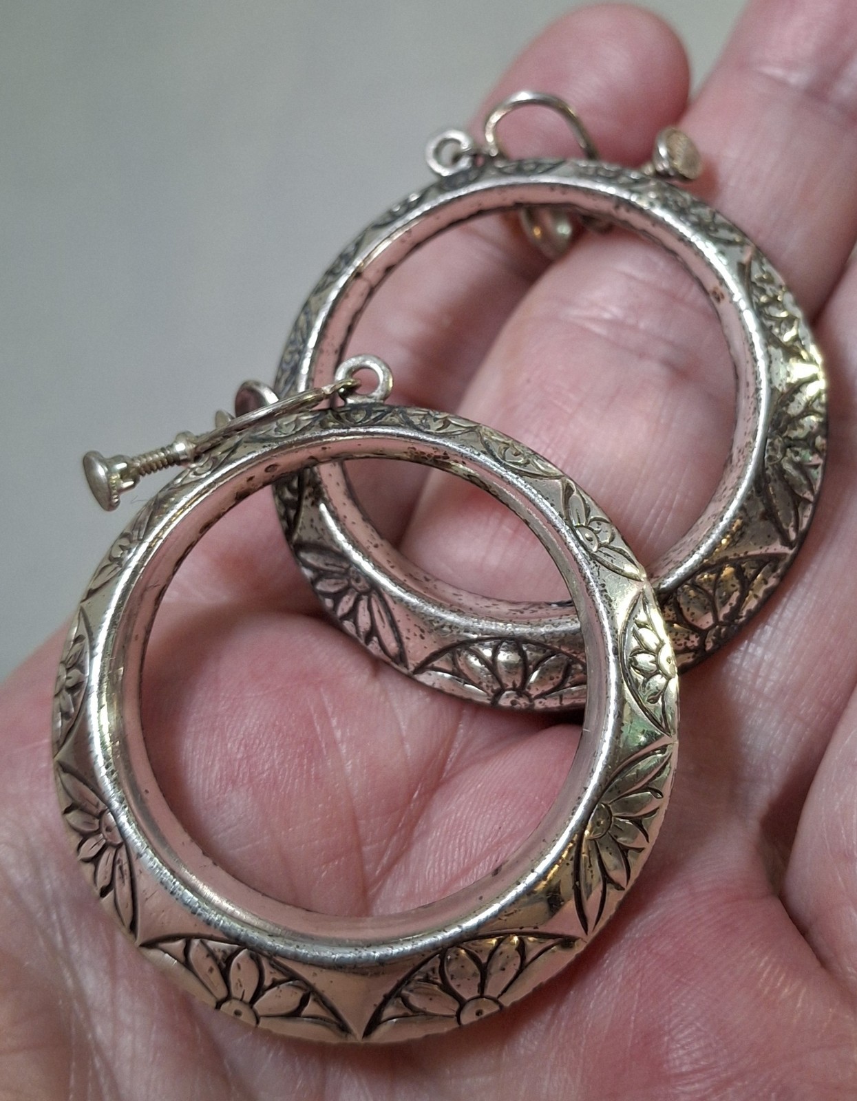 Vintage Big Chunky Drop Dangle Stamped Sterling Silver Hoop Earrings 16 g