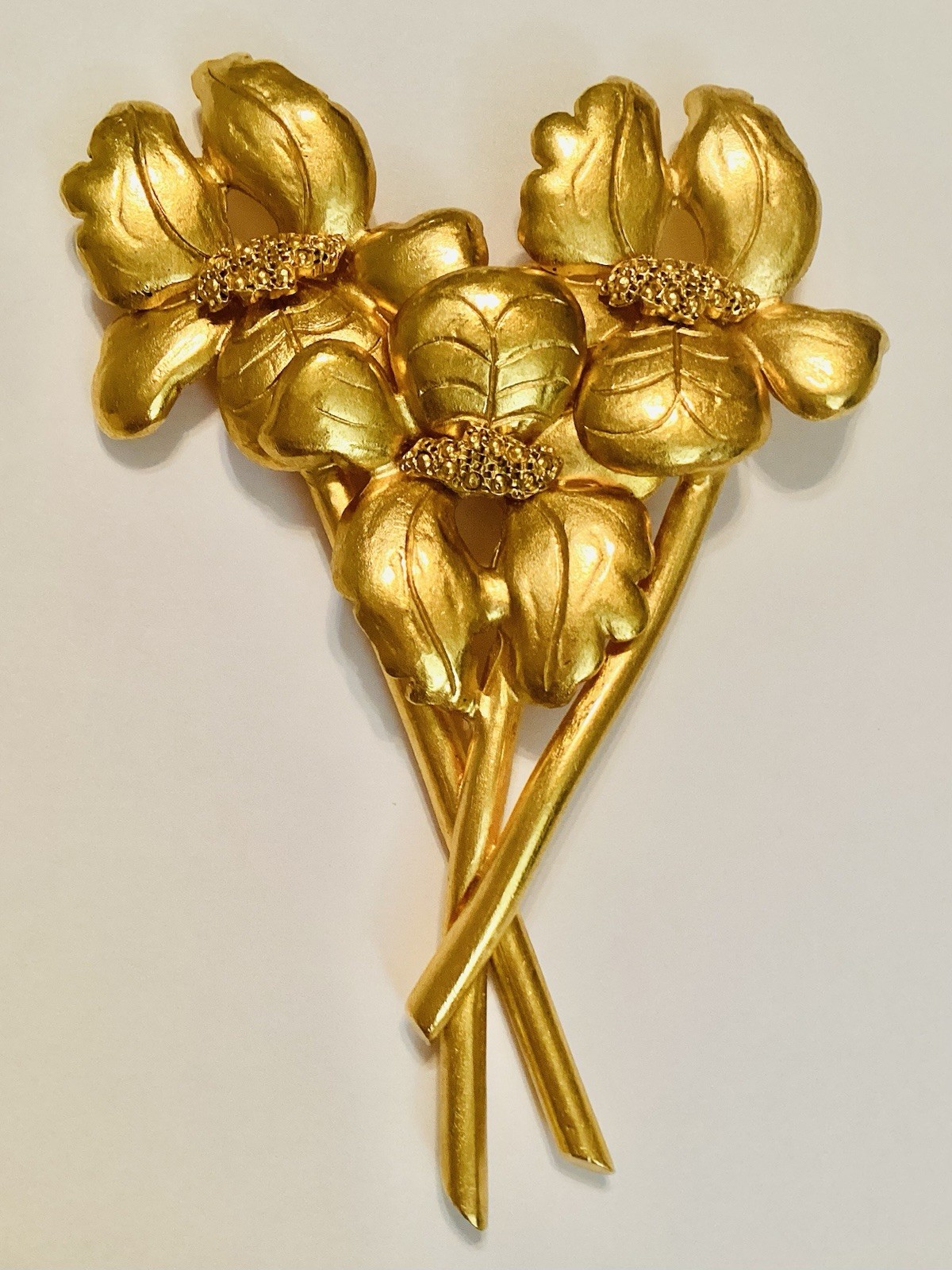 FT Paris RARE Vintage LARGE High End Gold Tone Iris Flowers Brooch Low Price! 💛